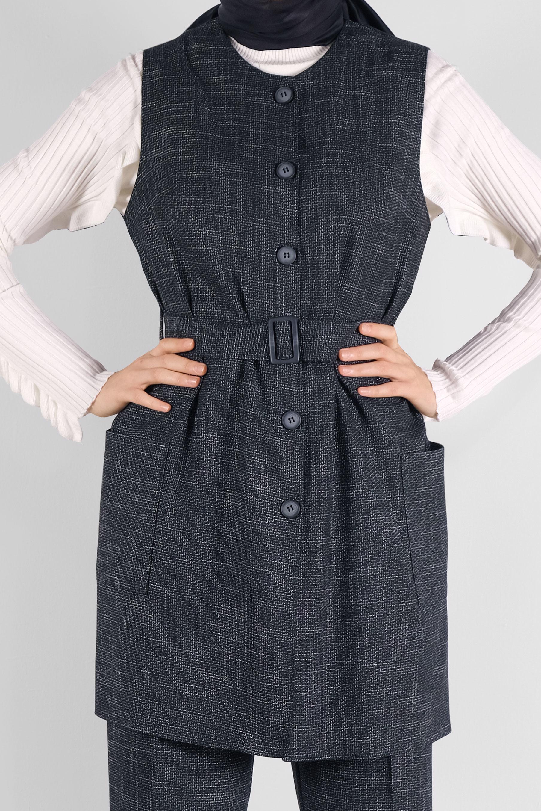 Tesettür giyim LACİVERT DÜĞMELİ KEMERLİ PANTOLONLU TAKIM 41147 