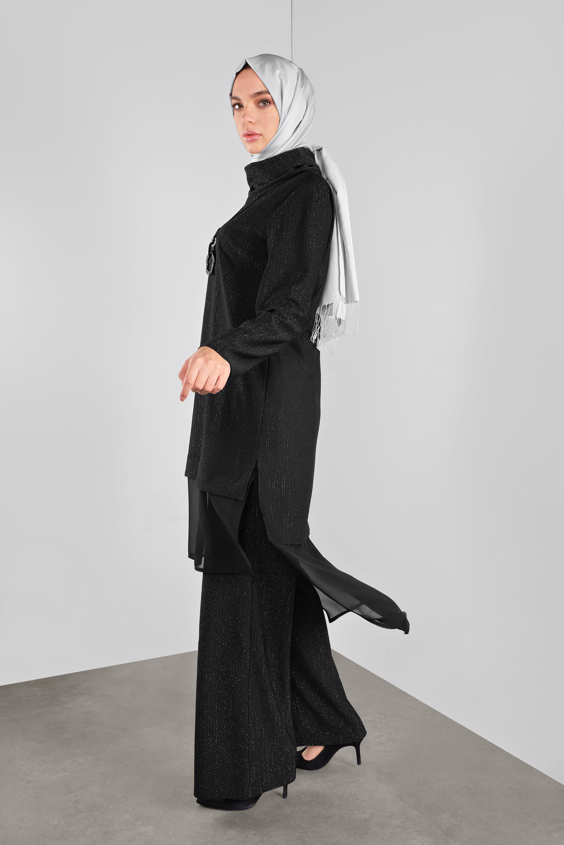 Tesettür giyim SİYAH ASİMETRİK KESİM SİMLİ  PANTOLONLU TAKIM 41181 