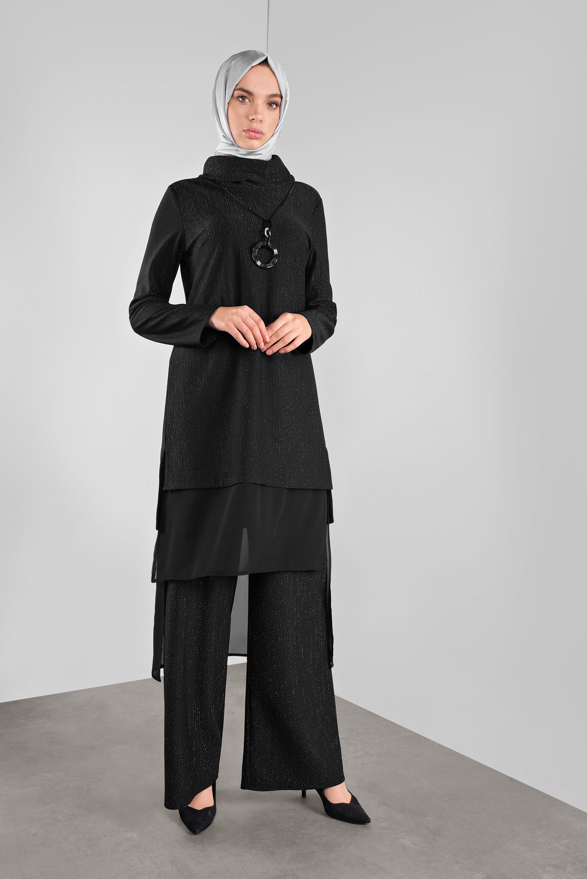 Tesettür giyim SİYAH ASİMETRİK KESİM SİMLİ  PANTOLONLU TAKIM 41181 