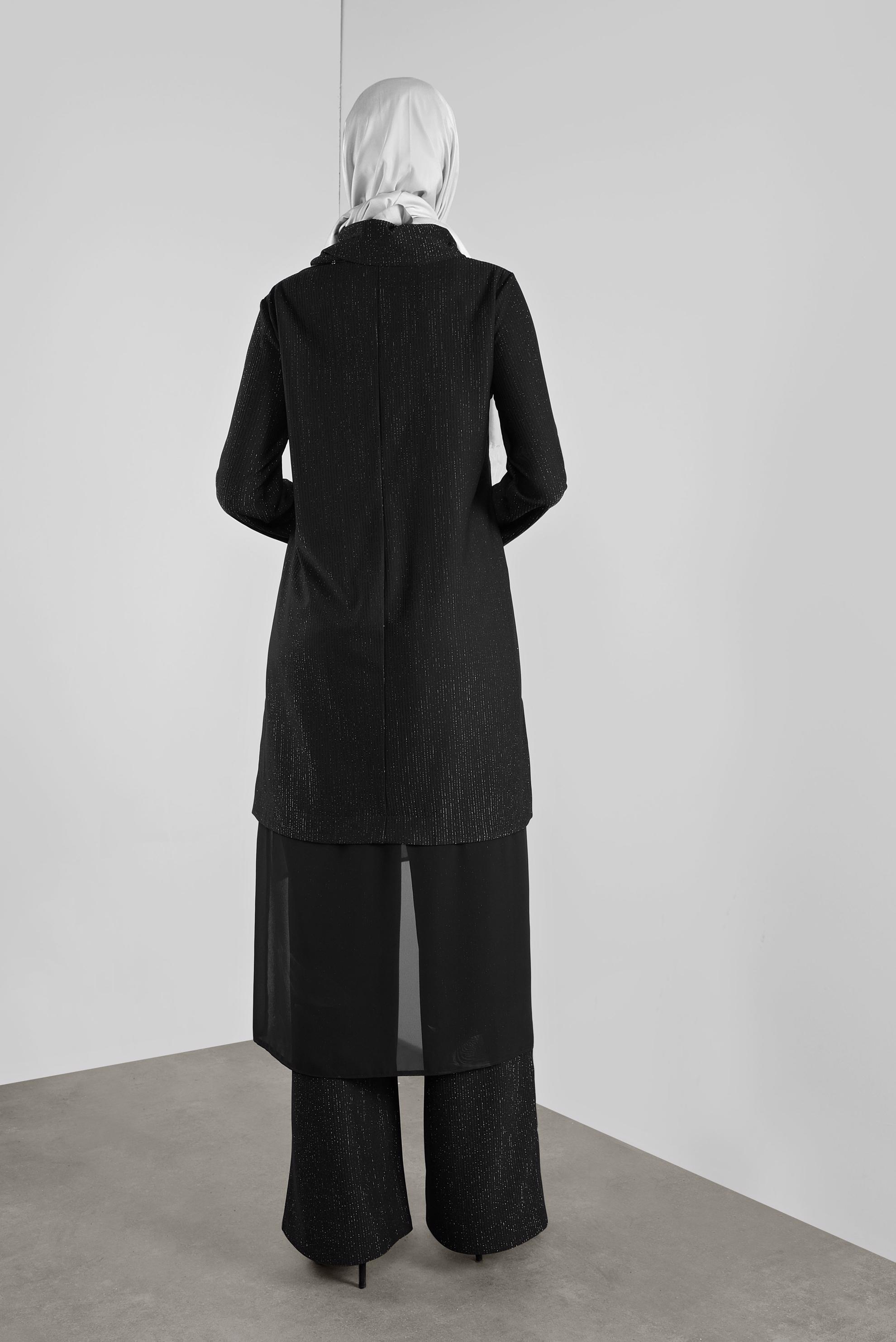 Tesettür giyim SİYAH ASİMETRİK KESİM SİMLİ  PANTOLONLU TAKIM 41181 