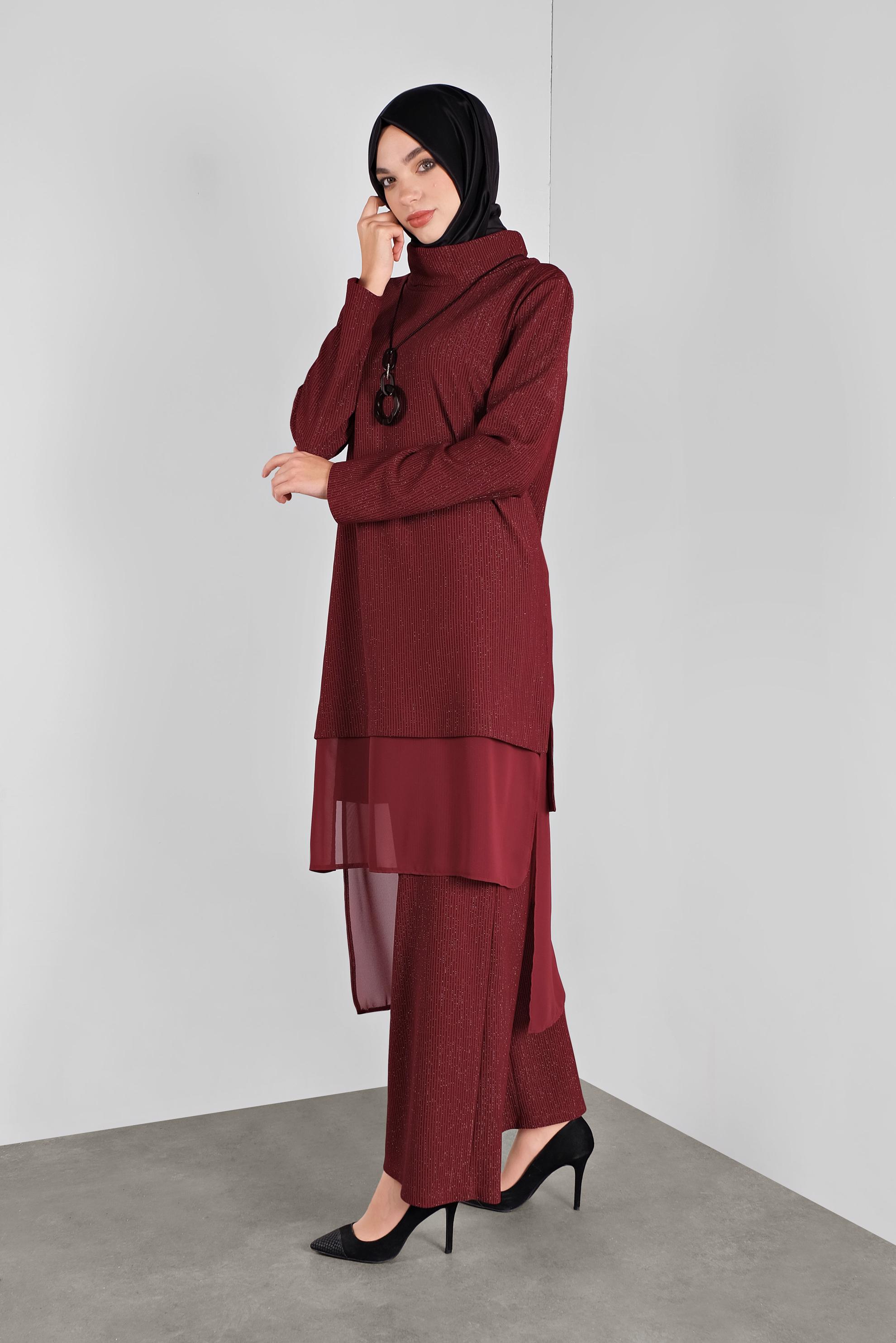 Tesettür giyim BORDO ASİMETRİK KESİM SİMLİ  PANTOLONLU TAKIM 41181 
