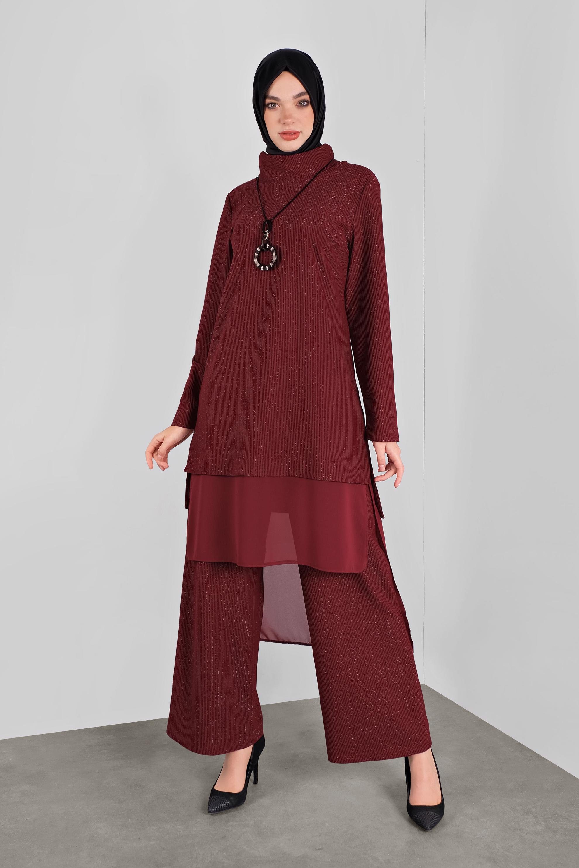 Tesettür giyim BORDO ASİMETRİK KESİM SİMLİ  PANTOLONLU TAKIM 41181 
