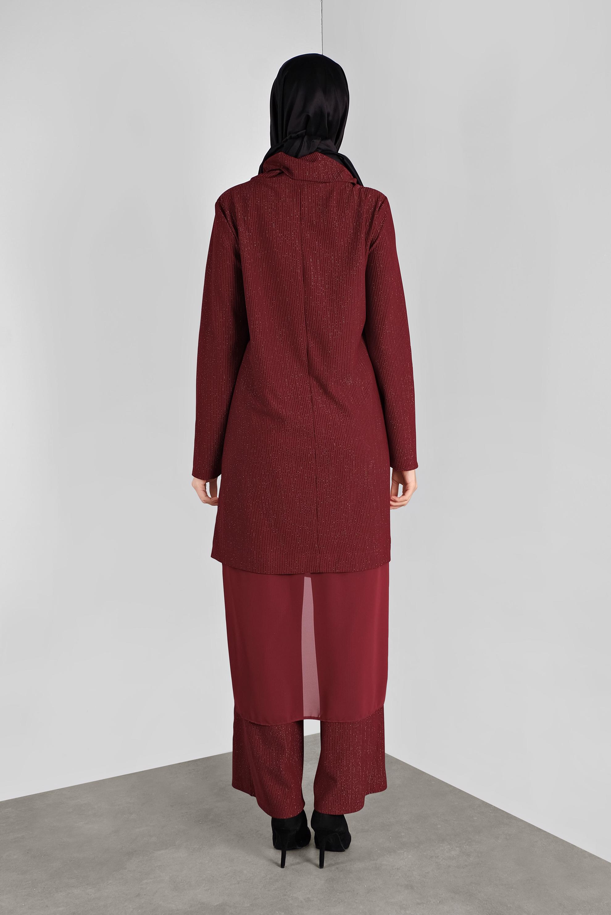 Tesettür giyim BORDO ASİMETRİK KESİM SİMLİ  PANTOLONLU TAKIM 41181 