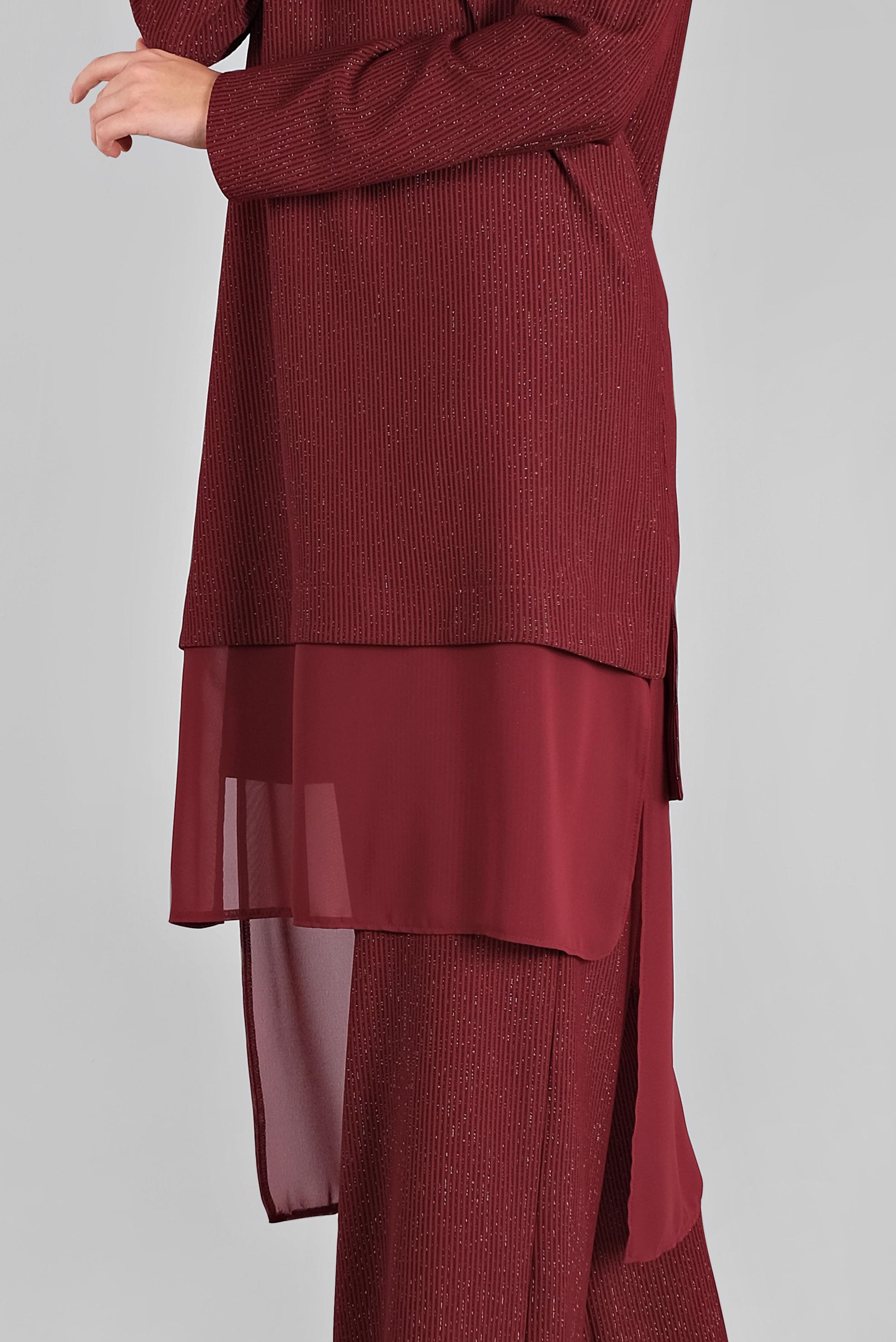 Tesettür giyim BORDO ASİMETRİK KESİM SİMLİ  PANTOLONLU TAKIM 41181 