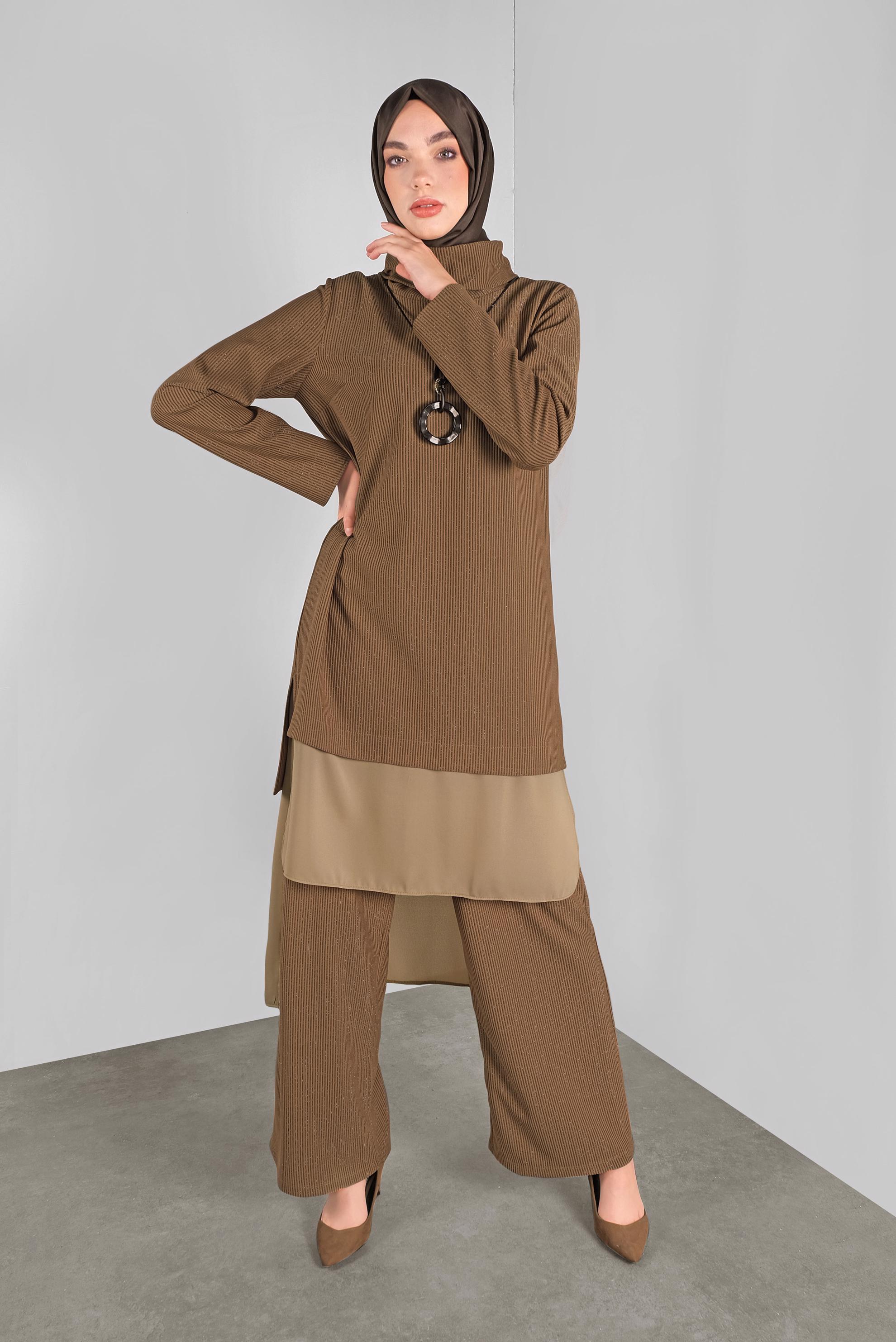Tesettür giyim KAHVE ASİMETRİK KESİM SİMLİ  PANTOLONLU TAKIM 41181 
