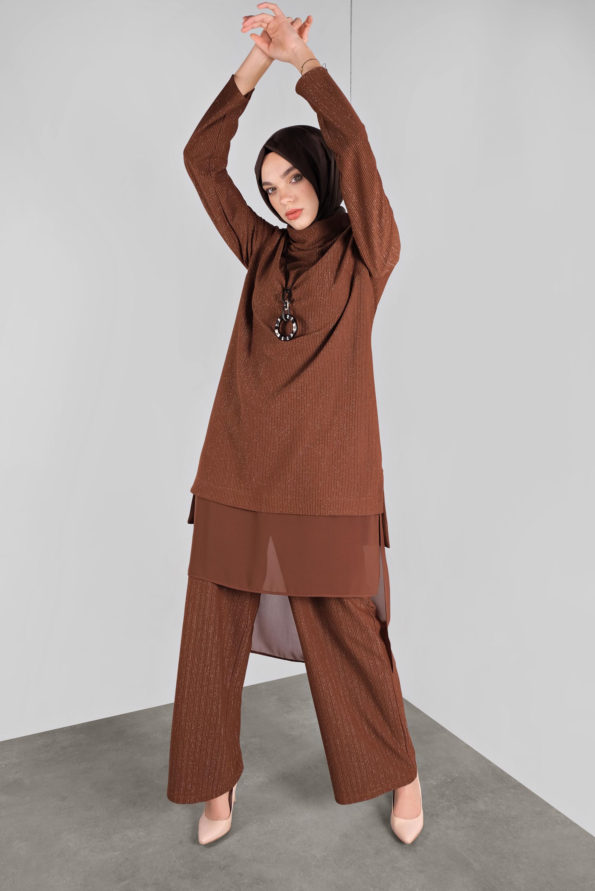 Tesettür giyim TURUNCU ASİMETRİK KESİM SİMLİ  PANTOLONLU TAKIM 41181 