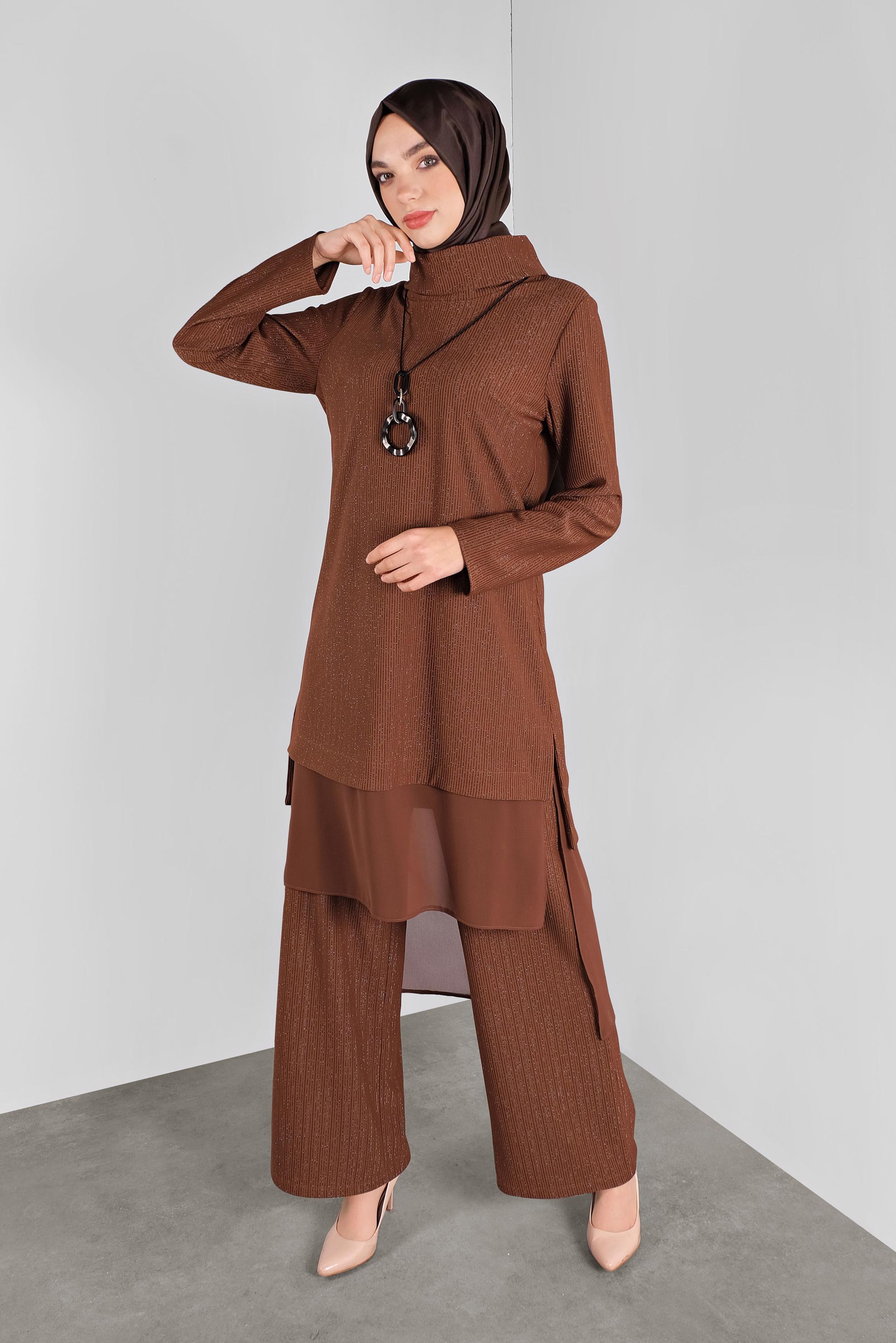 Tesettür giyim TURUNCU ASİMETRİK KESİM SİMLİ  PANTOLONLU TAKIM 41181 