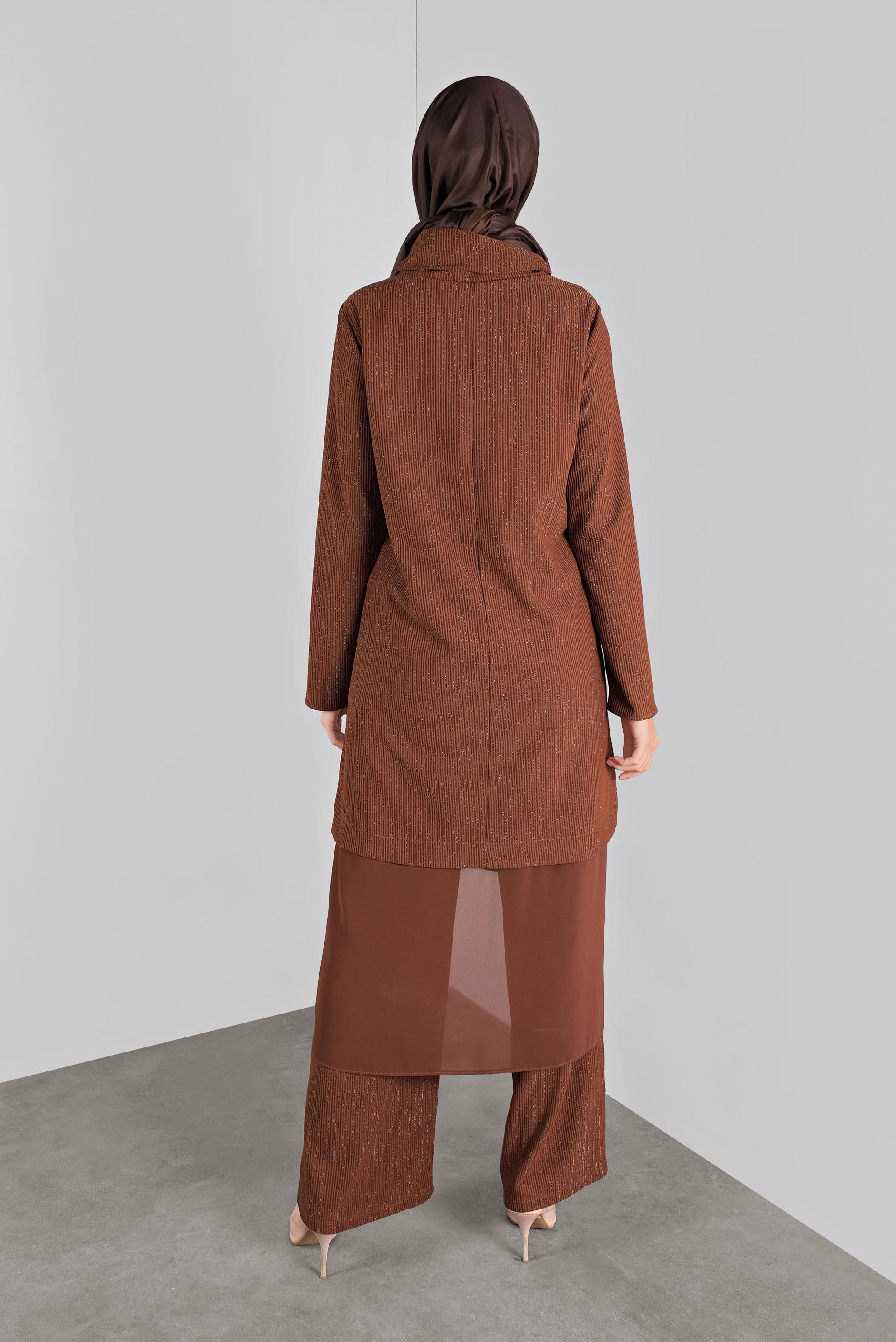 Tesettür giyim TURUNCU ASİMETRİK KESİM SİMLİ  PANTOLONLU TAKIM 41181 