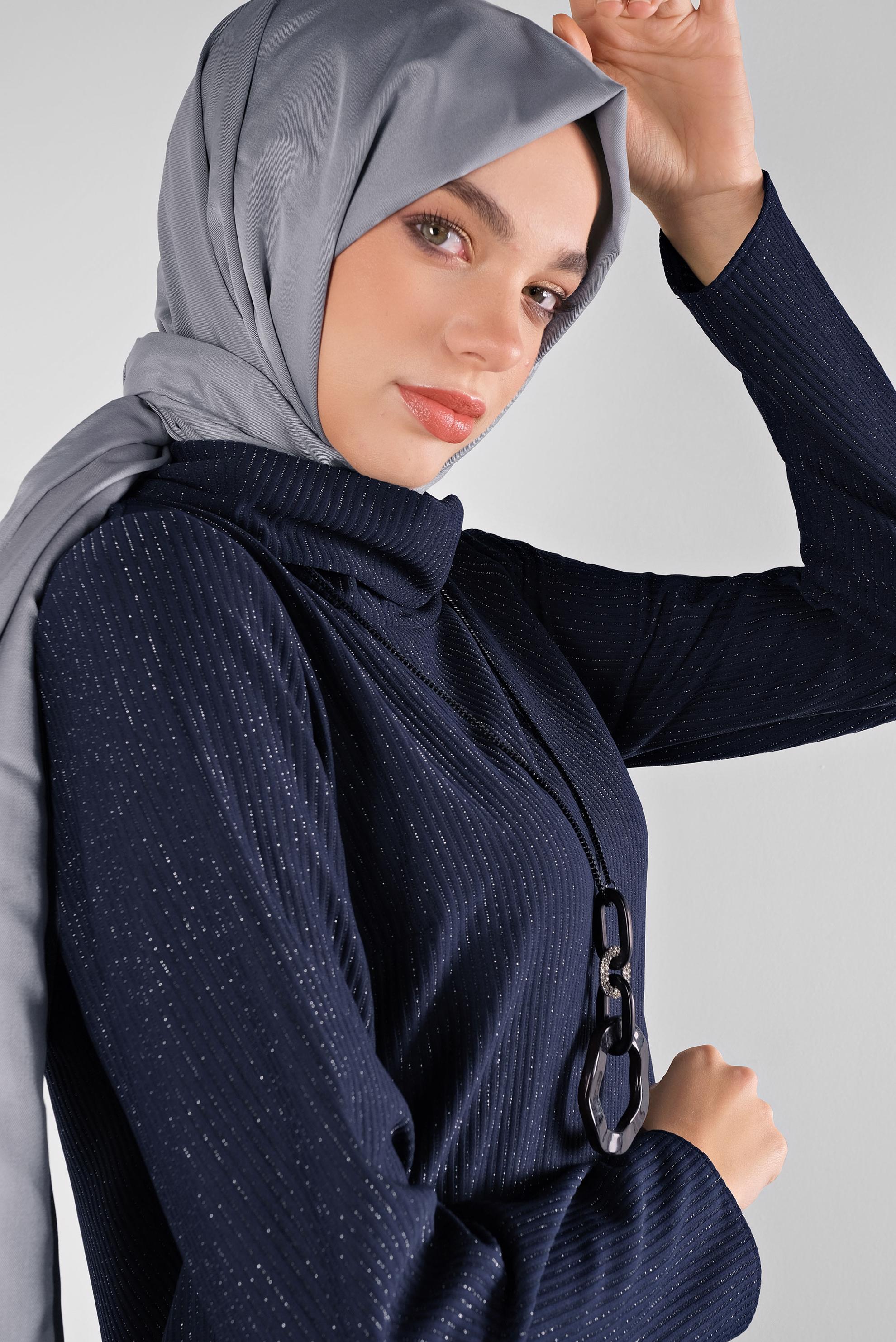 Tesettür giyim LACİVERT ASİMETRİK KESİM SİMLİ  PANTOLONLU TAKIM 41181 