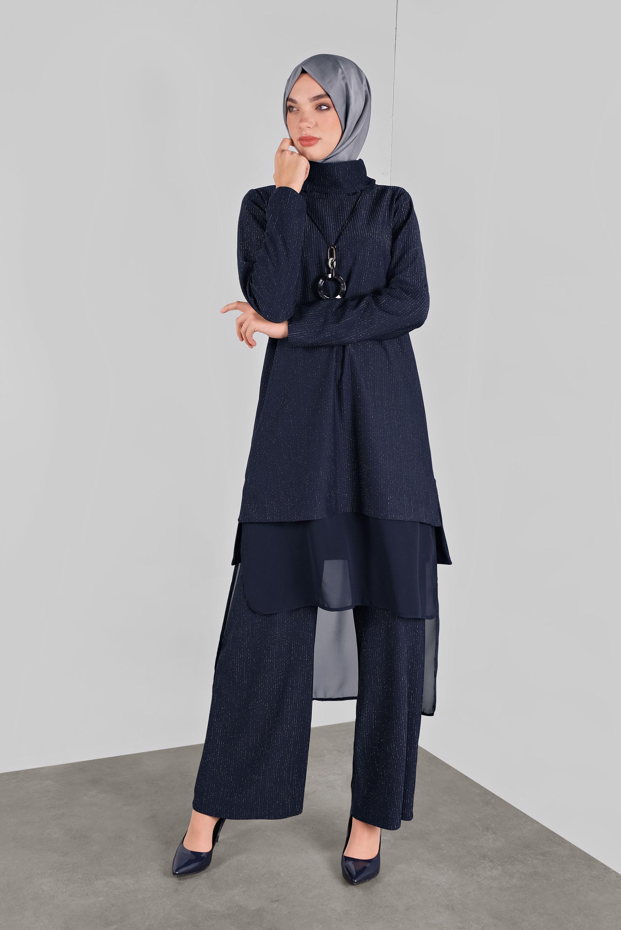 Tesettür giyim LACİVERT ASİMETRİK KESİM SİMLİ  PANTOLONLU TAKIM 41181 