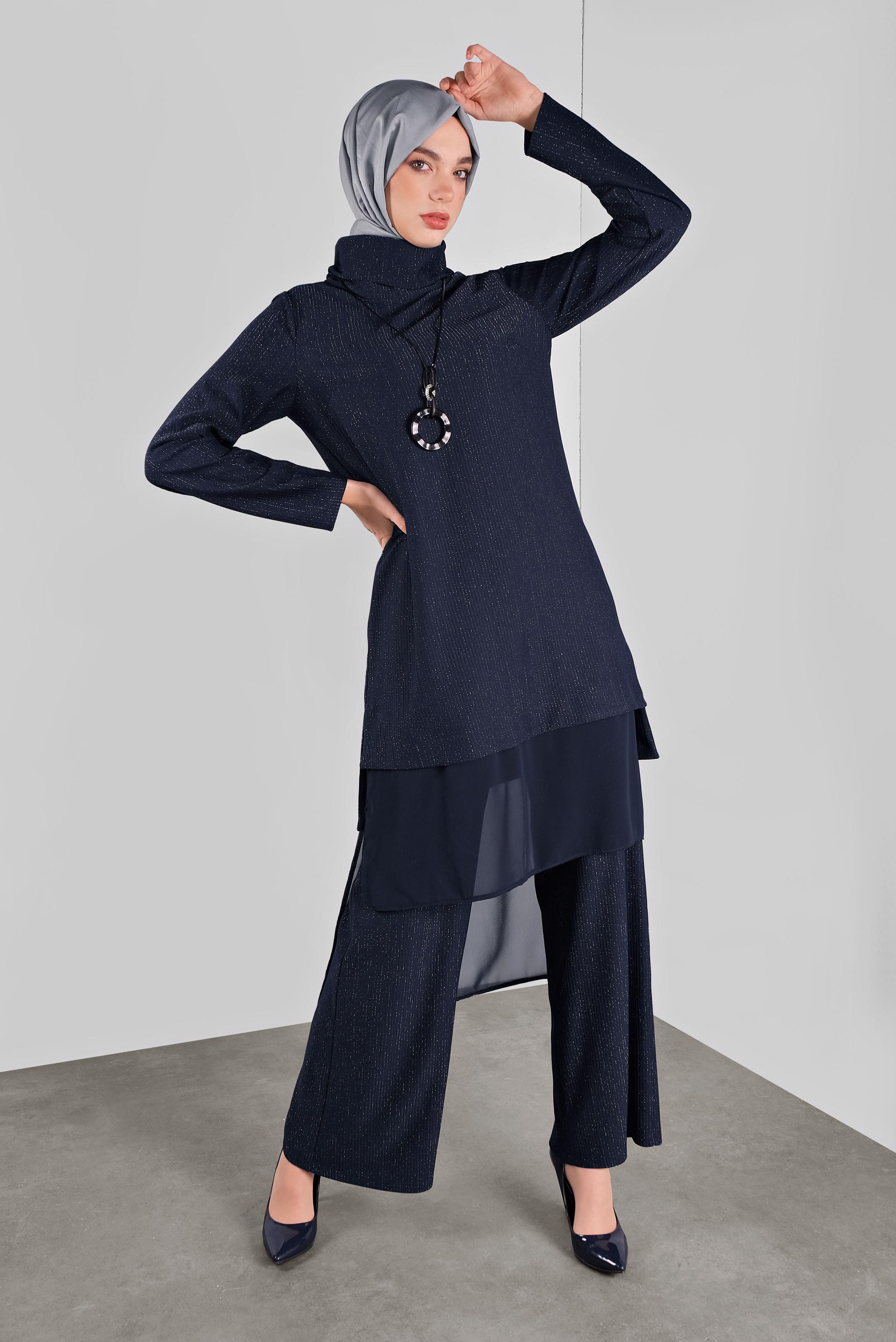 Tesettür giyim LACİVERT ASİMETRİK KESİM SİMLİ  PANTOLONLU TAKIM 41181 