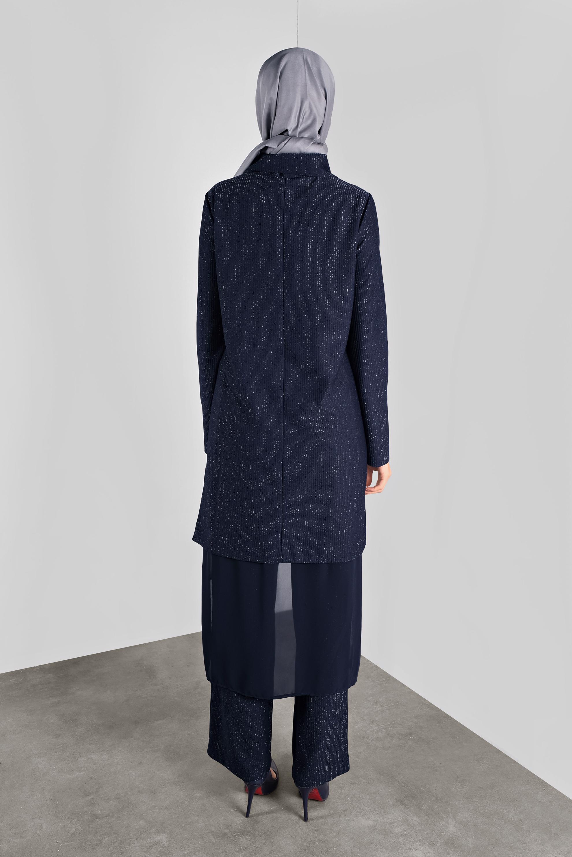 Tesettür giyim LACİVERT ASİMETRİK KESİM SİMLİ  PANTOLONLU TAKIM 41181 