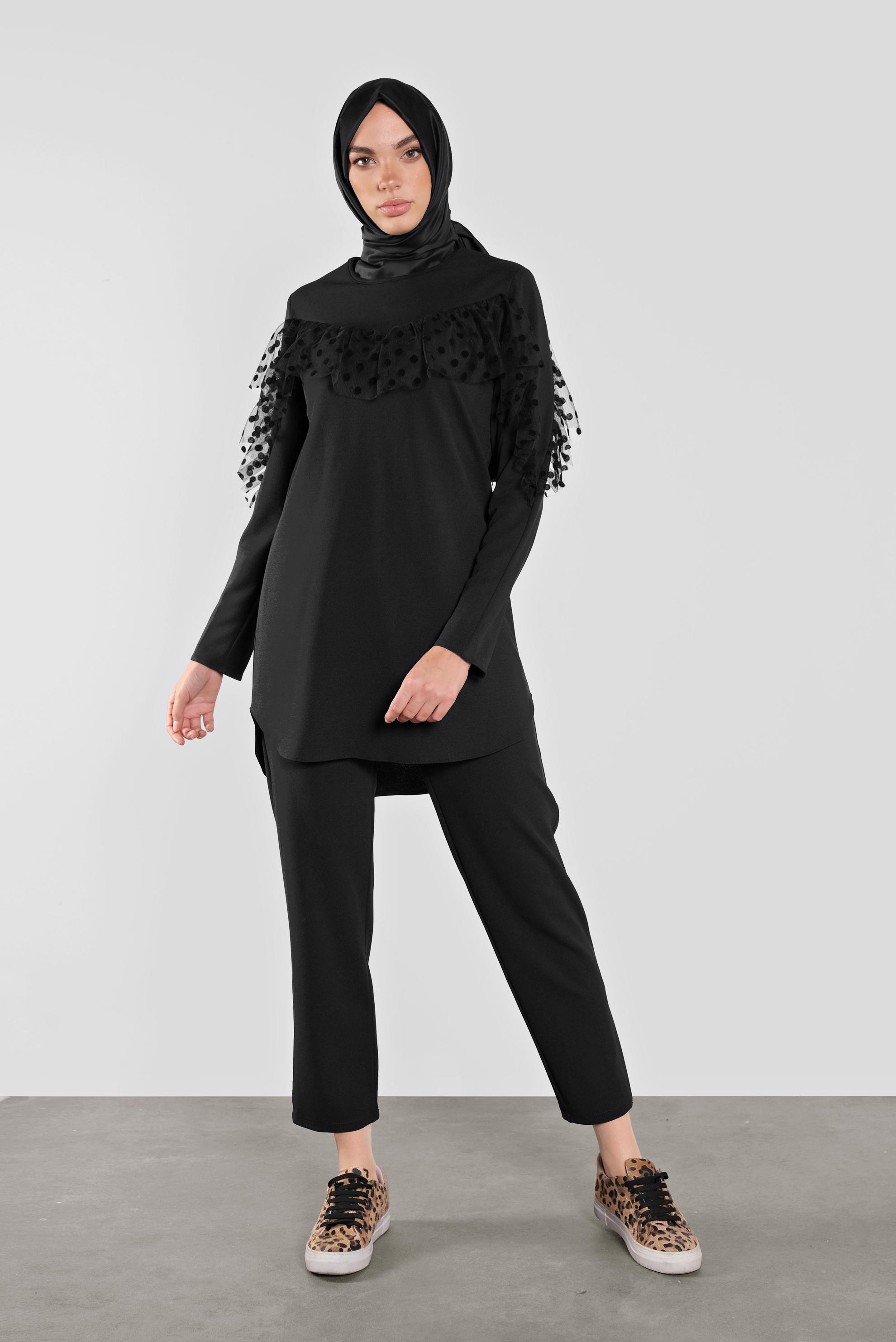 Tesettür giyim SİYAH DANTEL DETAYLI PANTOLON TAKIM 41182