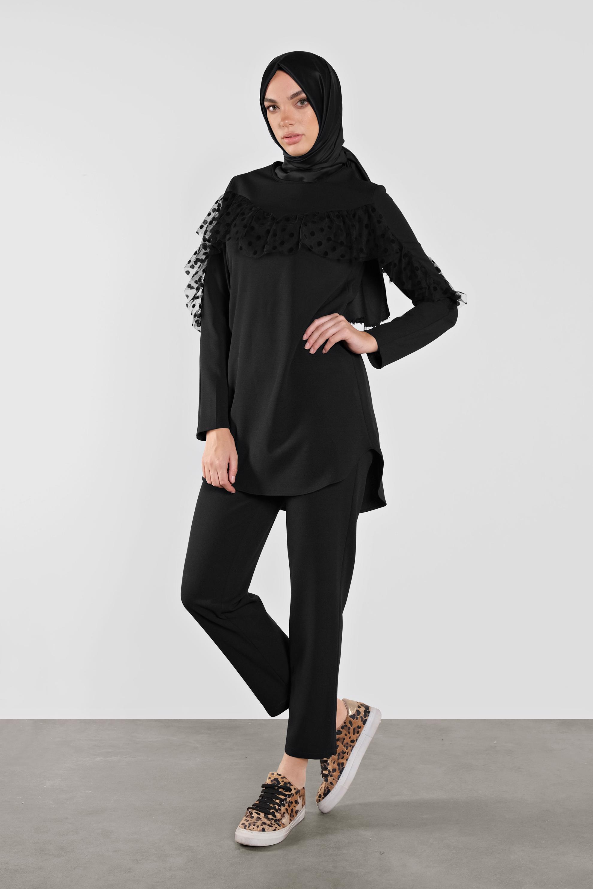 Tesettür giyim SİYAH DANTEL DETAYLI PANTOLON TAKIM 41182
