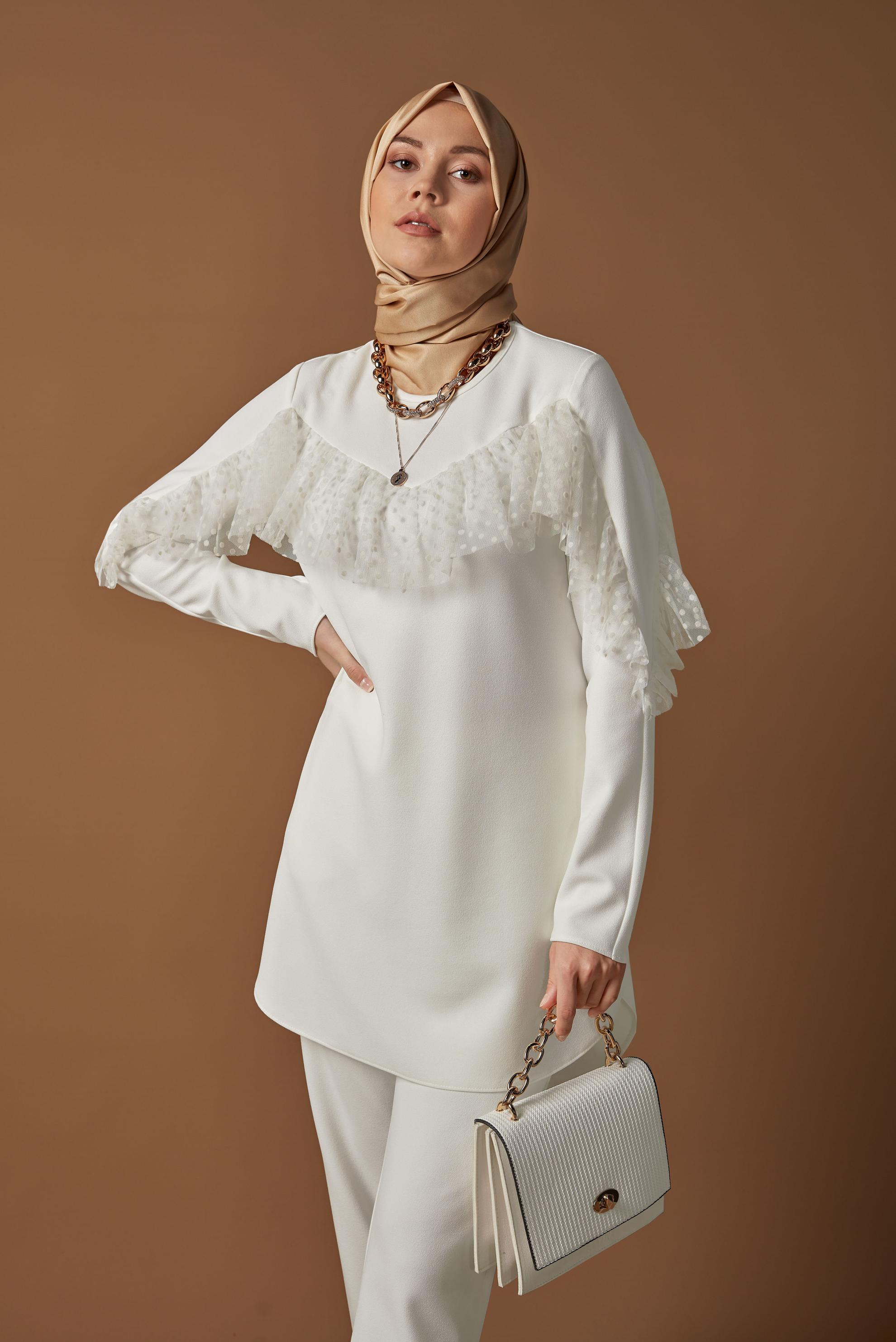 Tesettür giyim BEYAZ DANTEL DETAYLI PANTOLON TAKIM 41182