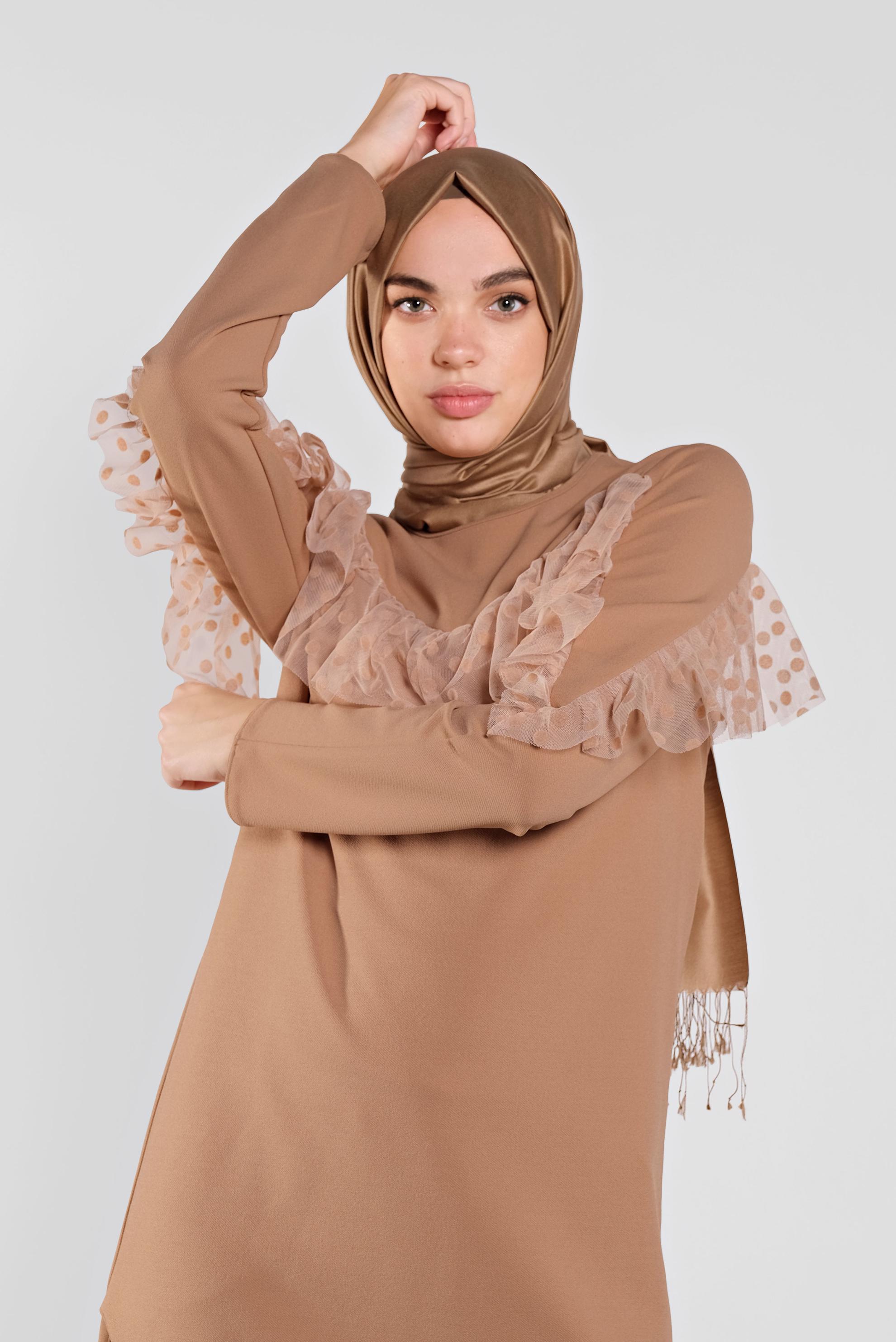 Tesettür giyim KAHVE DANTEL DETAYLI PANTOLON TAKIM 41182