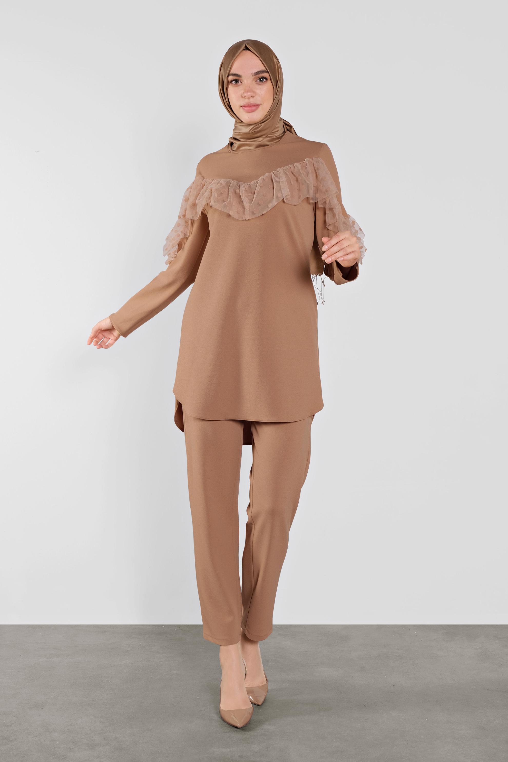 Tesettür giyim KAHVE DANTEL DETAYLI PANTOLON TAKIM 41182