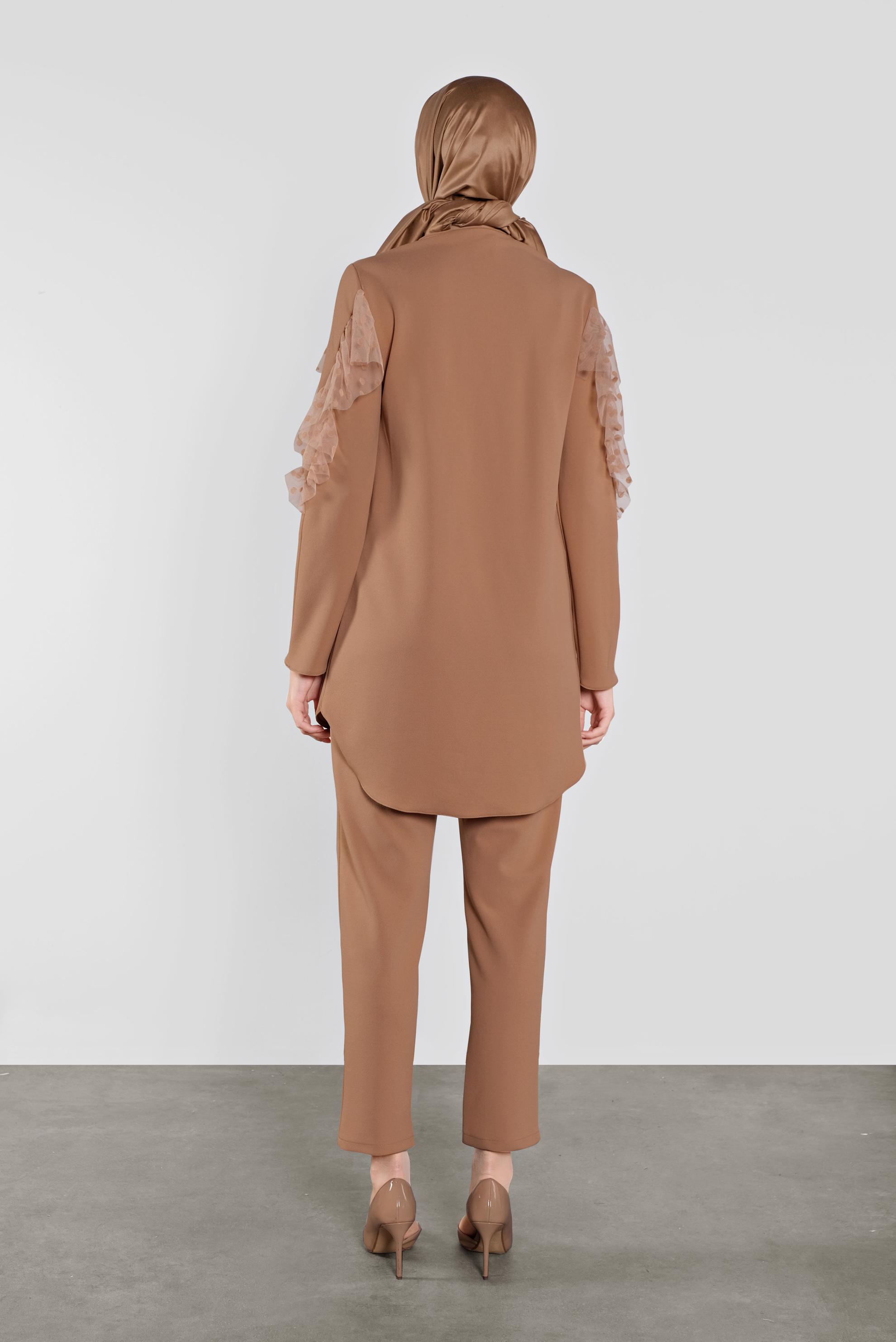 Tesettür giyim KAHVE DANTEL DETAYLI PANTOLON TAKIM 41182