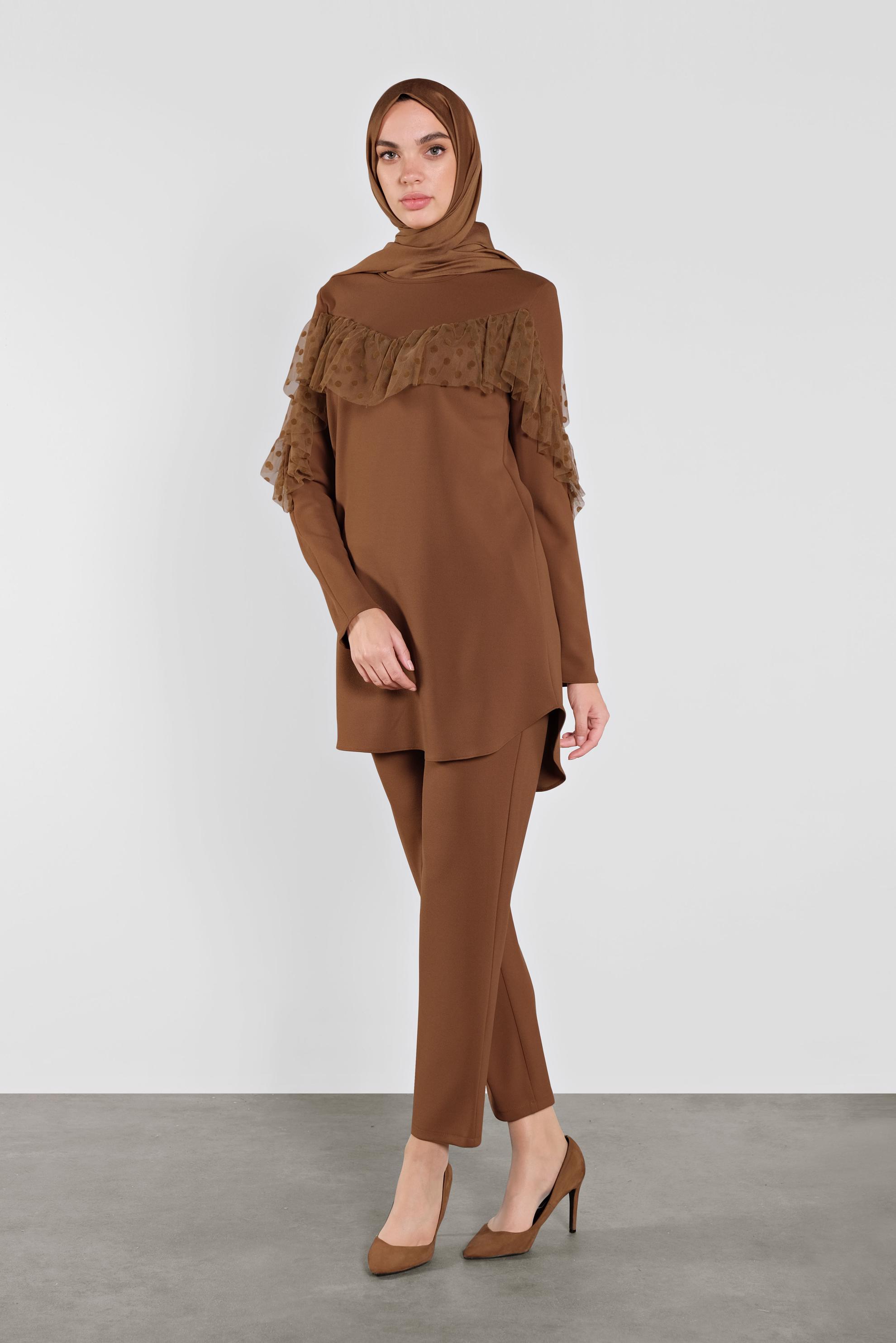 Tesettür giyim KAHVE DANTEL DETAYLI PANTOLON TAKIM 41182