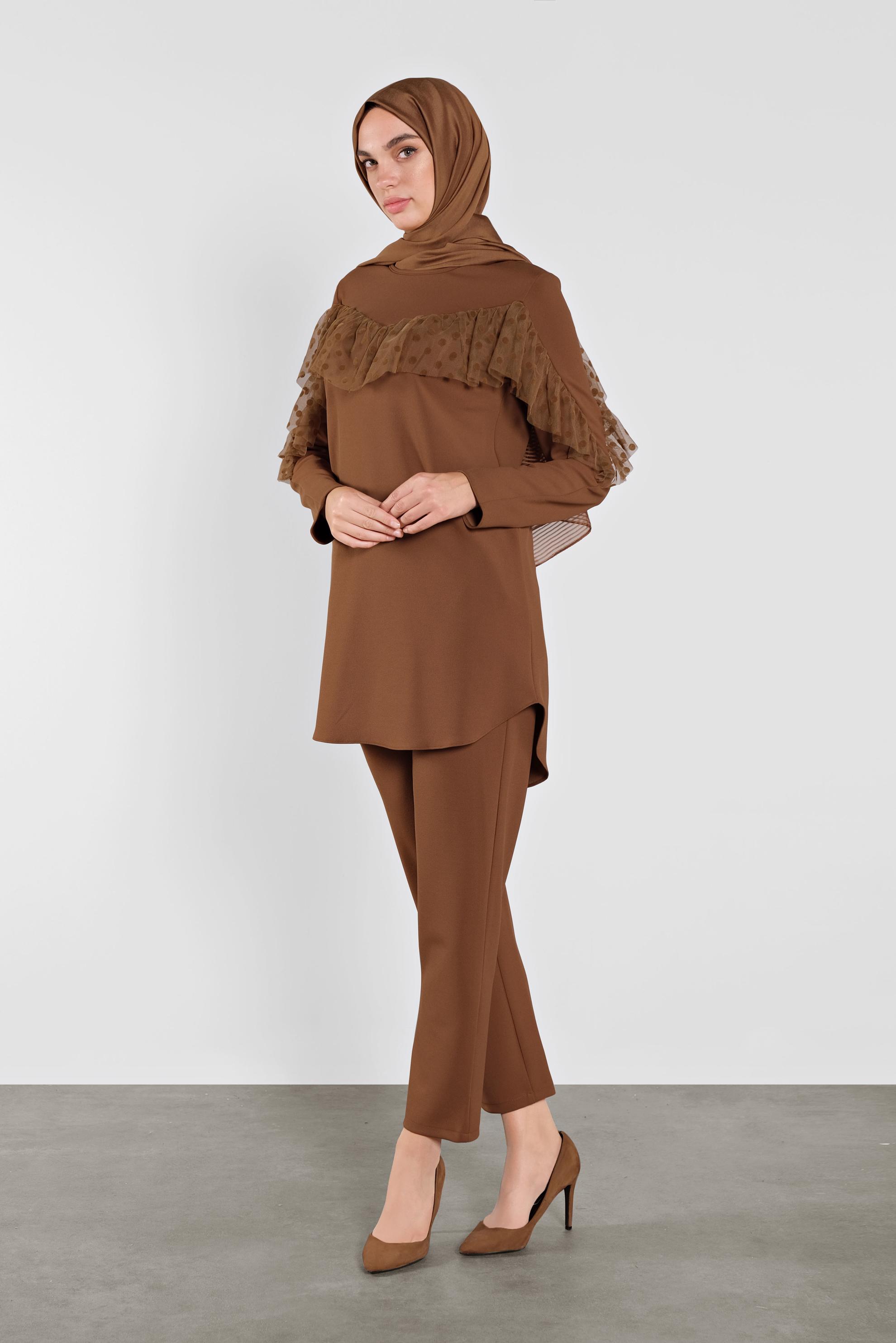 Tesettür giyim KAHVE DANTEL DETAYLI PANTOLON TAKIM 41182