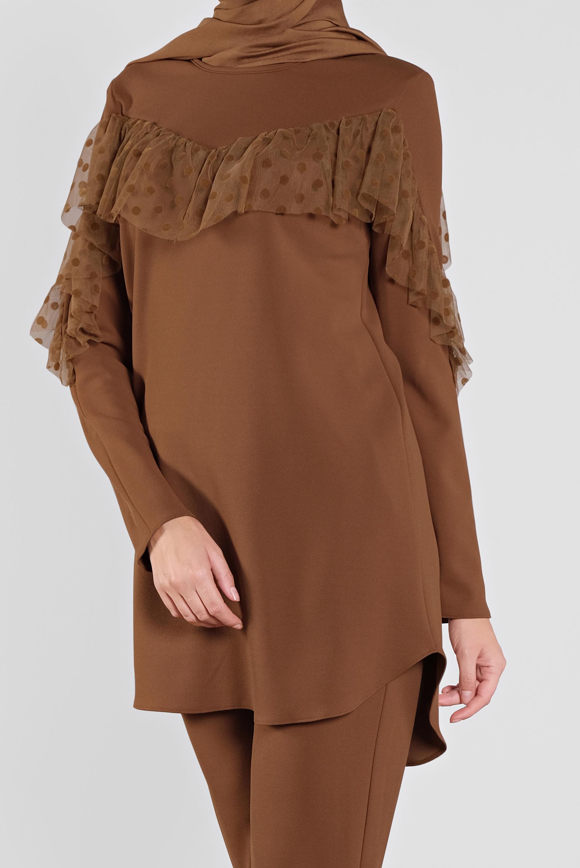 Tesettür giyim KAHVE DANTEL DETAYLI PANTOLON TAKIM 41182