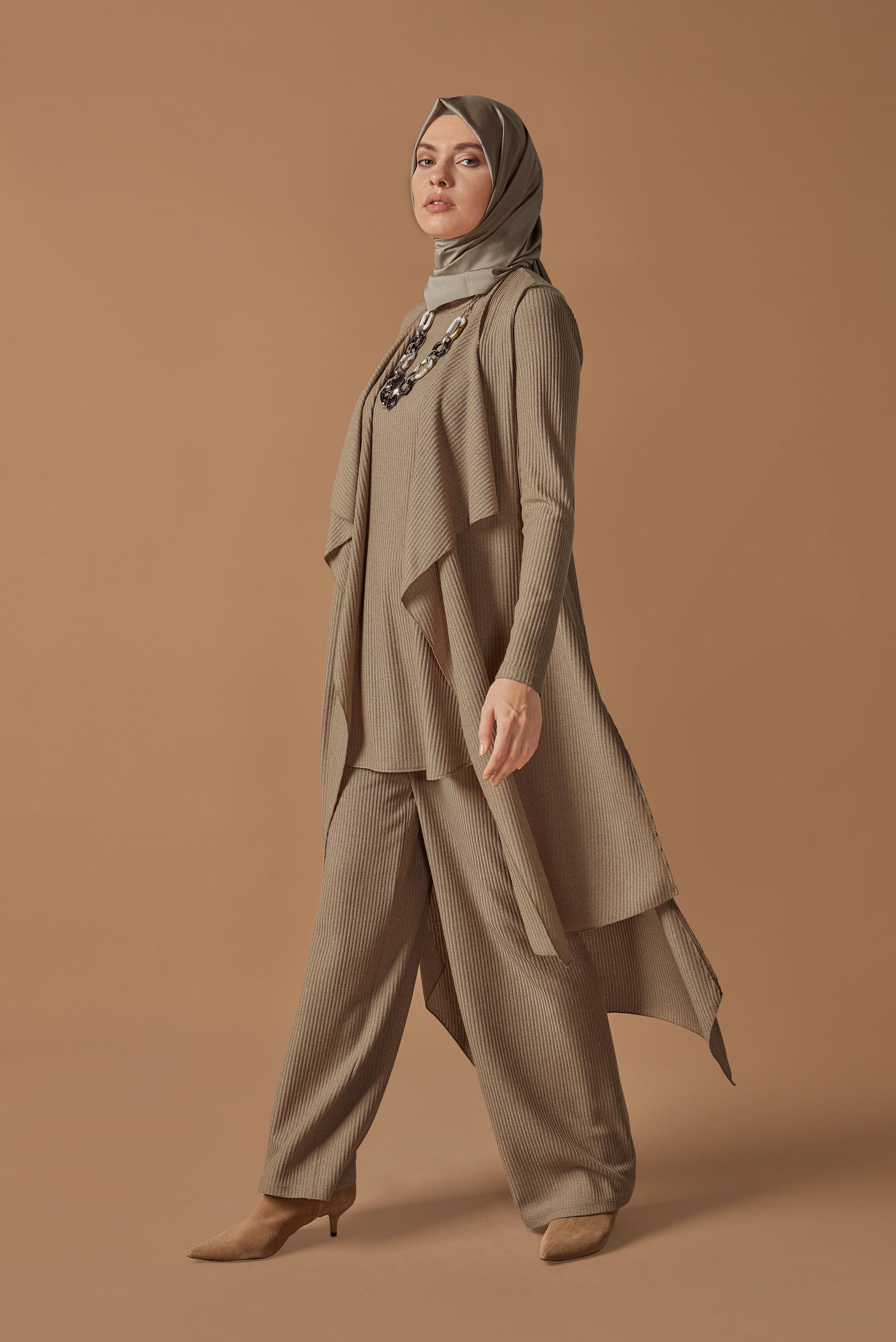 Tesettür giyim KAHVE ASİMETRİK KESİM ÜÇLÜ TRİKO TAKIM 41201