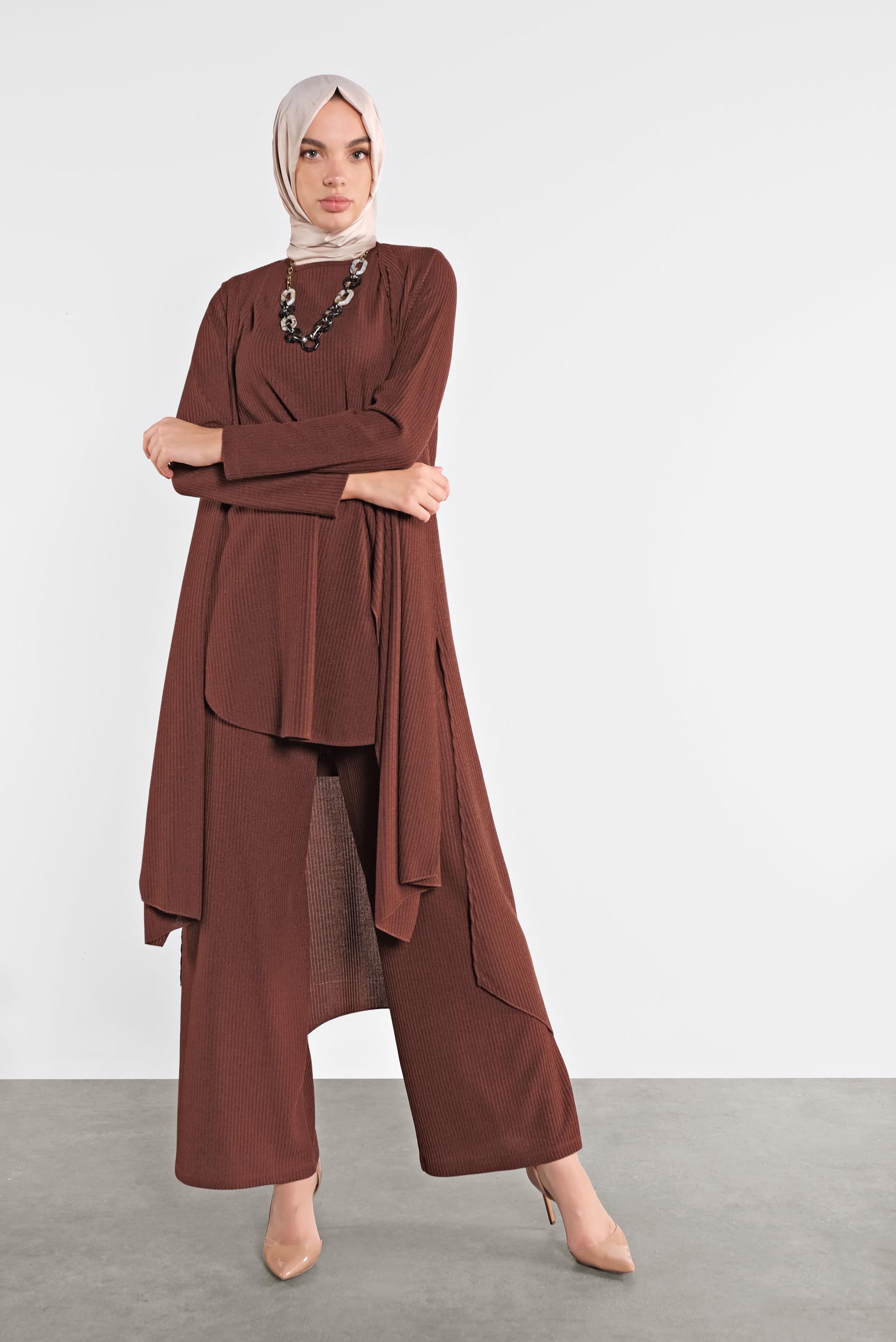 Tesettür giyim TURUNCU ASİMETRİK KESİM ÜÇLÜ TRİKO TAKIM 41201