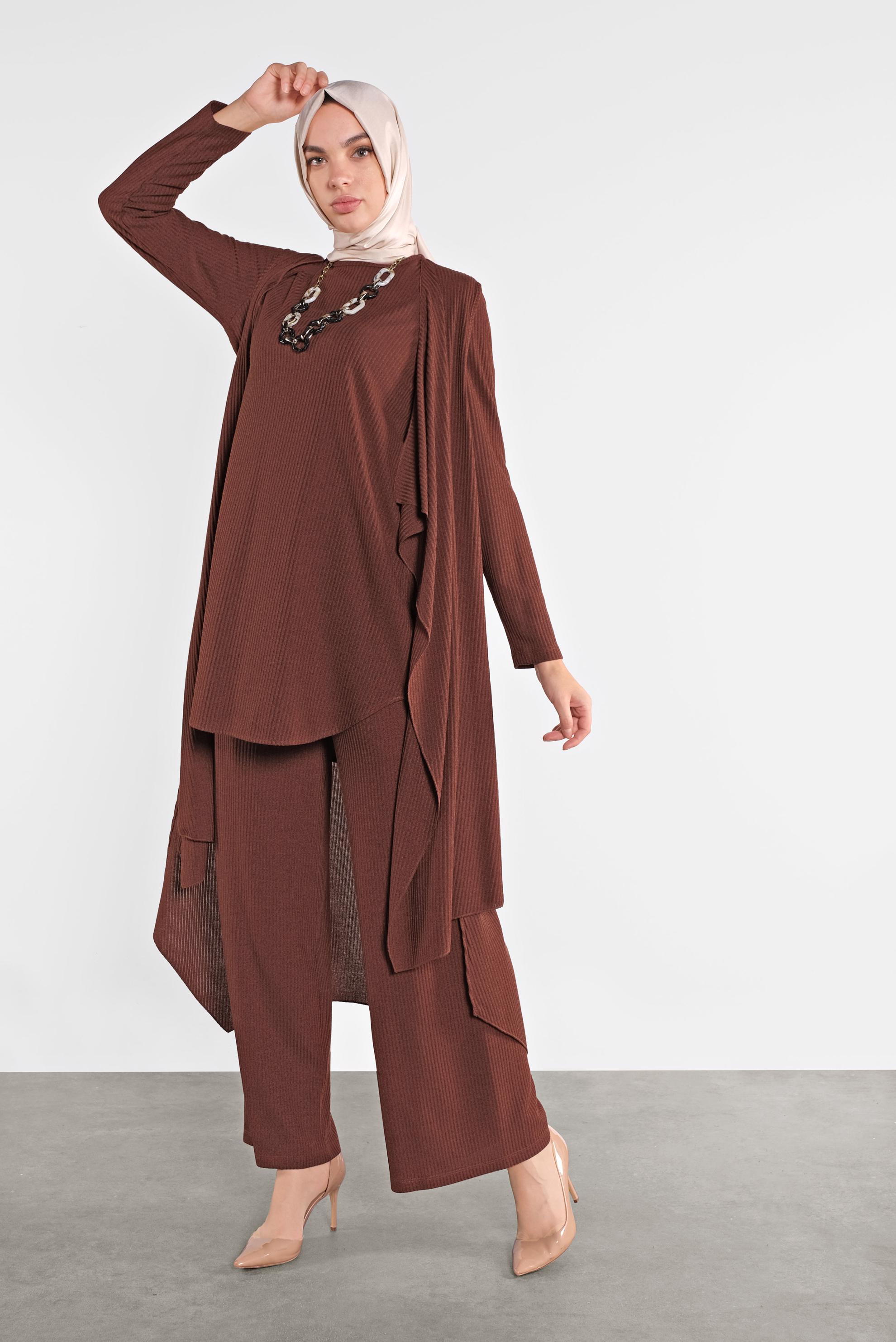 Tesettür giyim TURUNCU ASİMETRİK KESİM ÜÇLÜ TRİKO TAKIM 41201