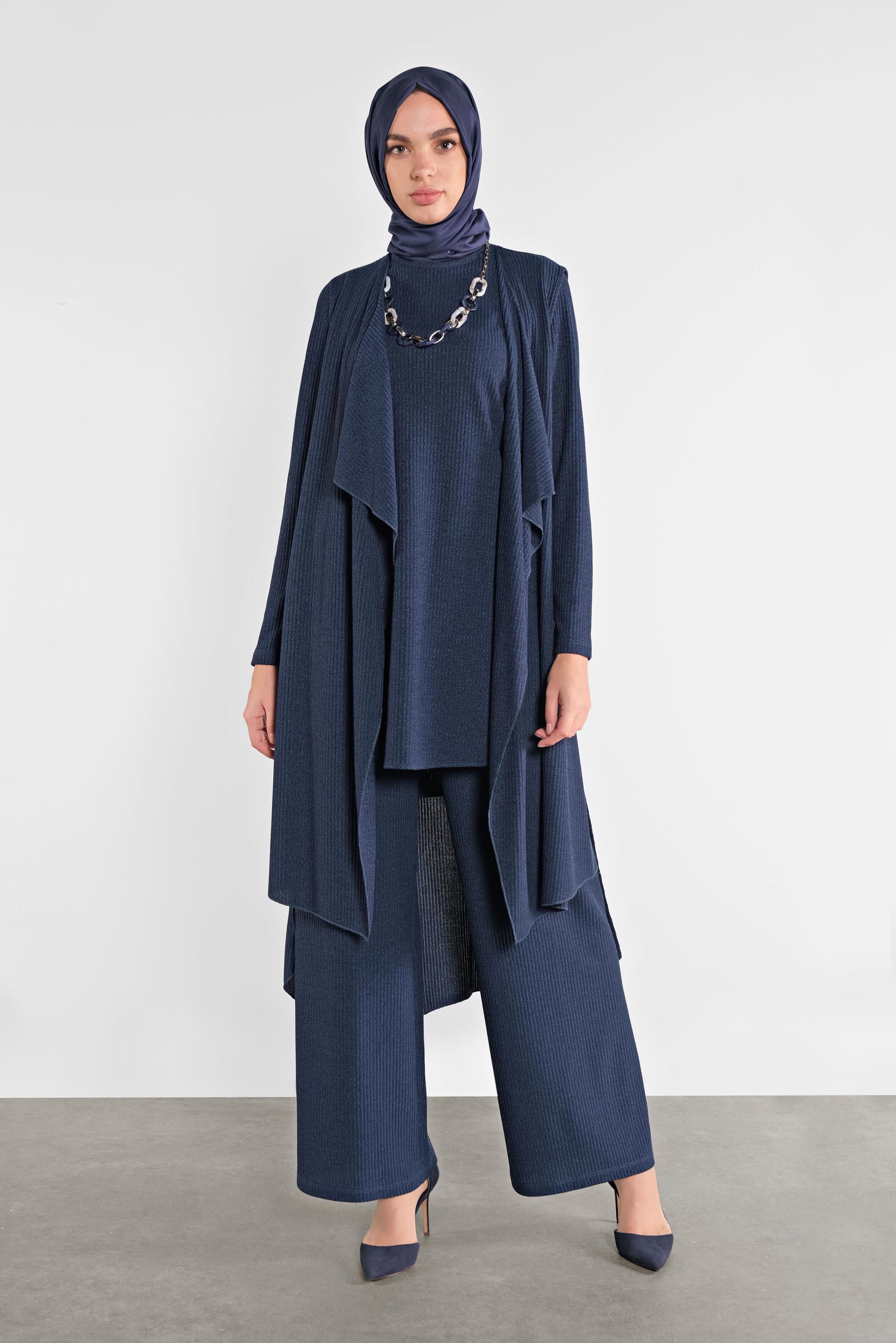 Tesettür giyim LACİVERT ASİMETRİK KESİM ÜÇLÜ TRİKO TAKIM 41201