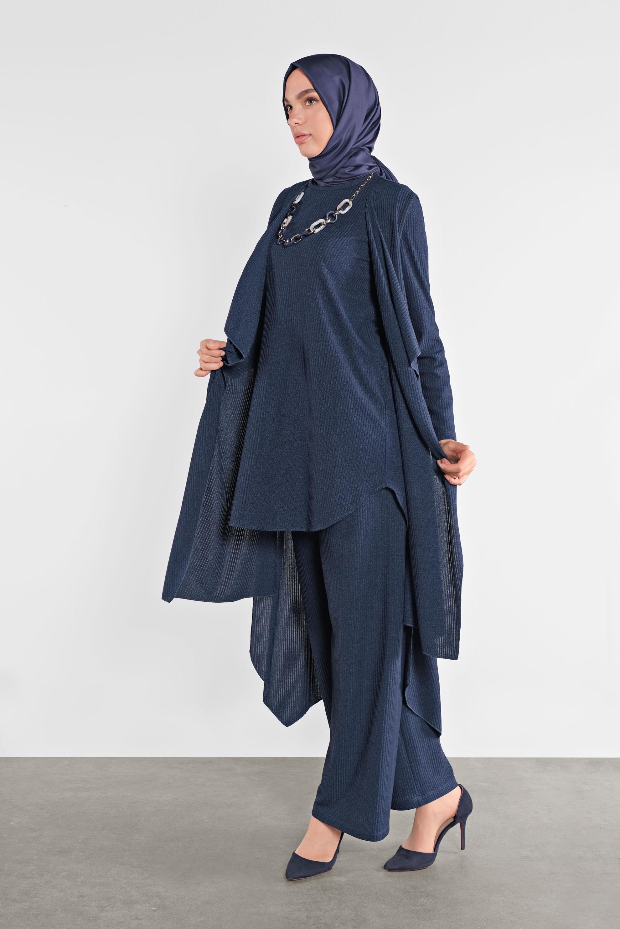 Tesettür giyim LACİVERT ASİMETRİK KESİM ÜÇLÜ TRİKO TAKIM 41201