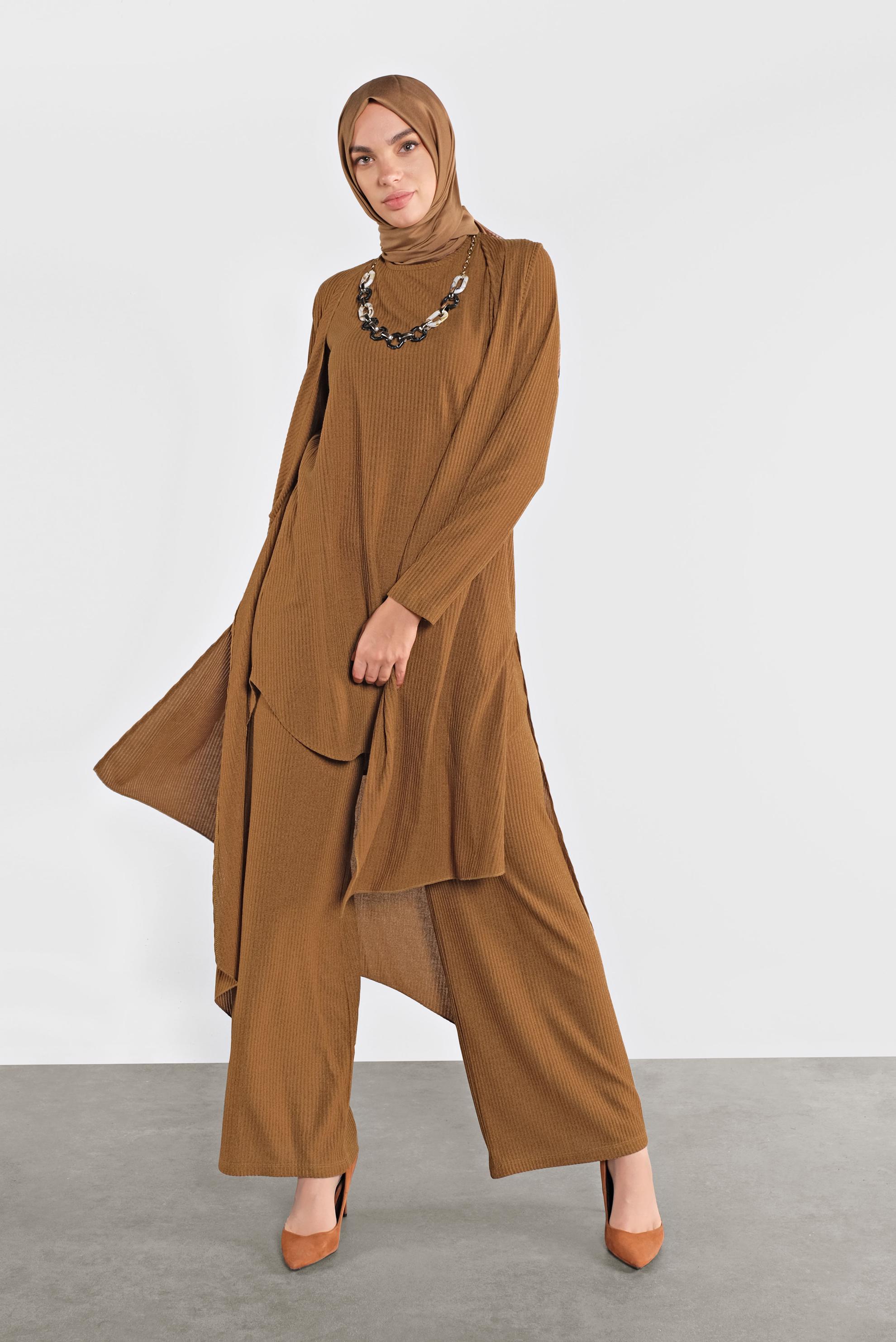 Tesettür giyim TABA ASİMETRİK KESİM ÜÇLÜ TRİKO TAKIM 41201