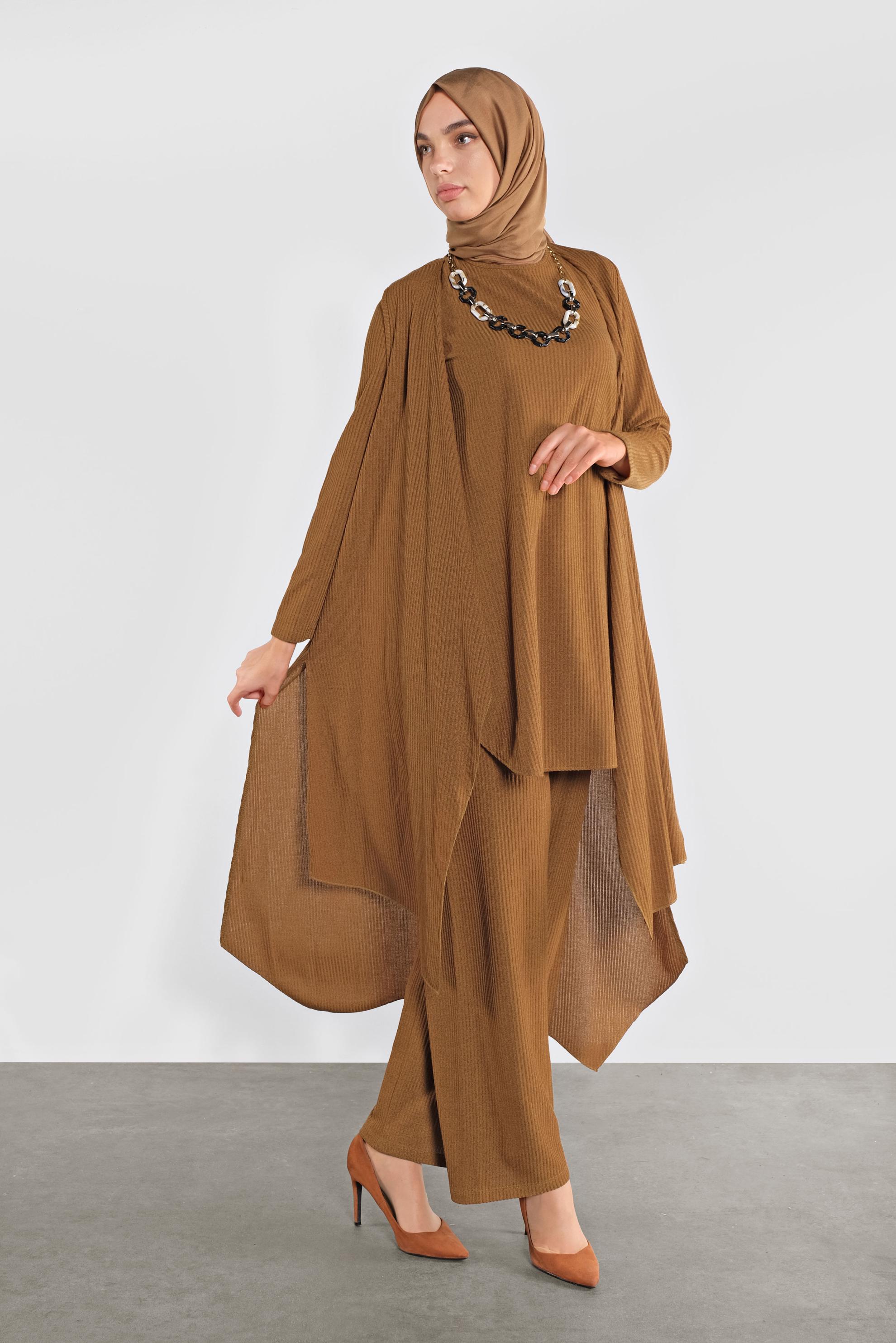 Tesettür giyim TABA ASİMETRİK KESİM ÜÇLÜ TRİKO TAKIM 41201