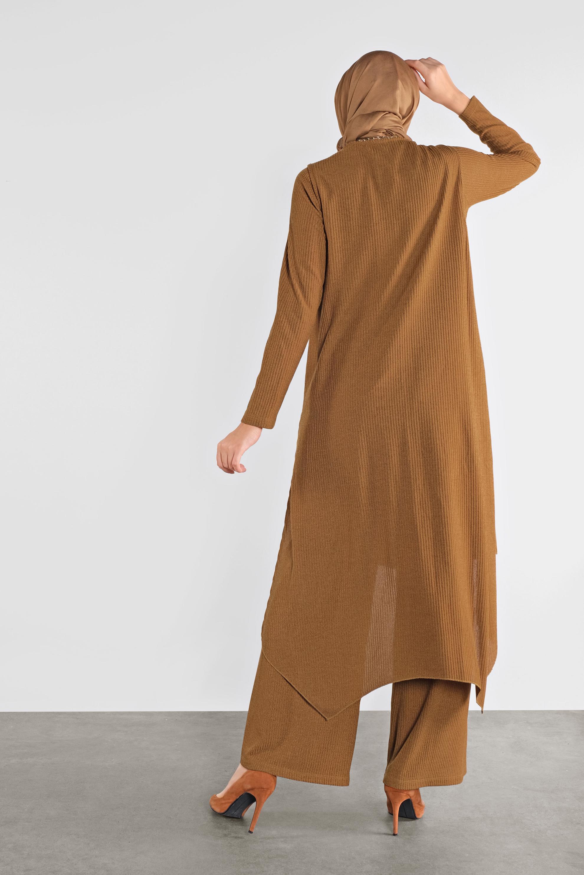 Tesettür giyim TABA ASİMETRİK KESİM ÜÇLÜ TRİKO TAKIM 41201