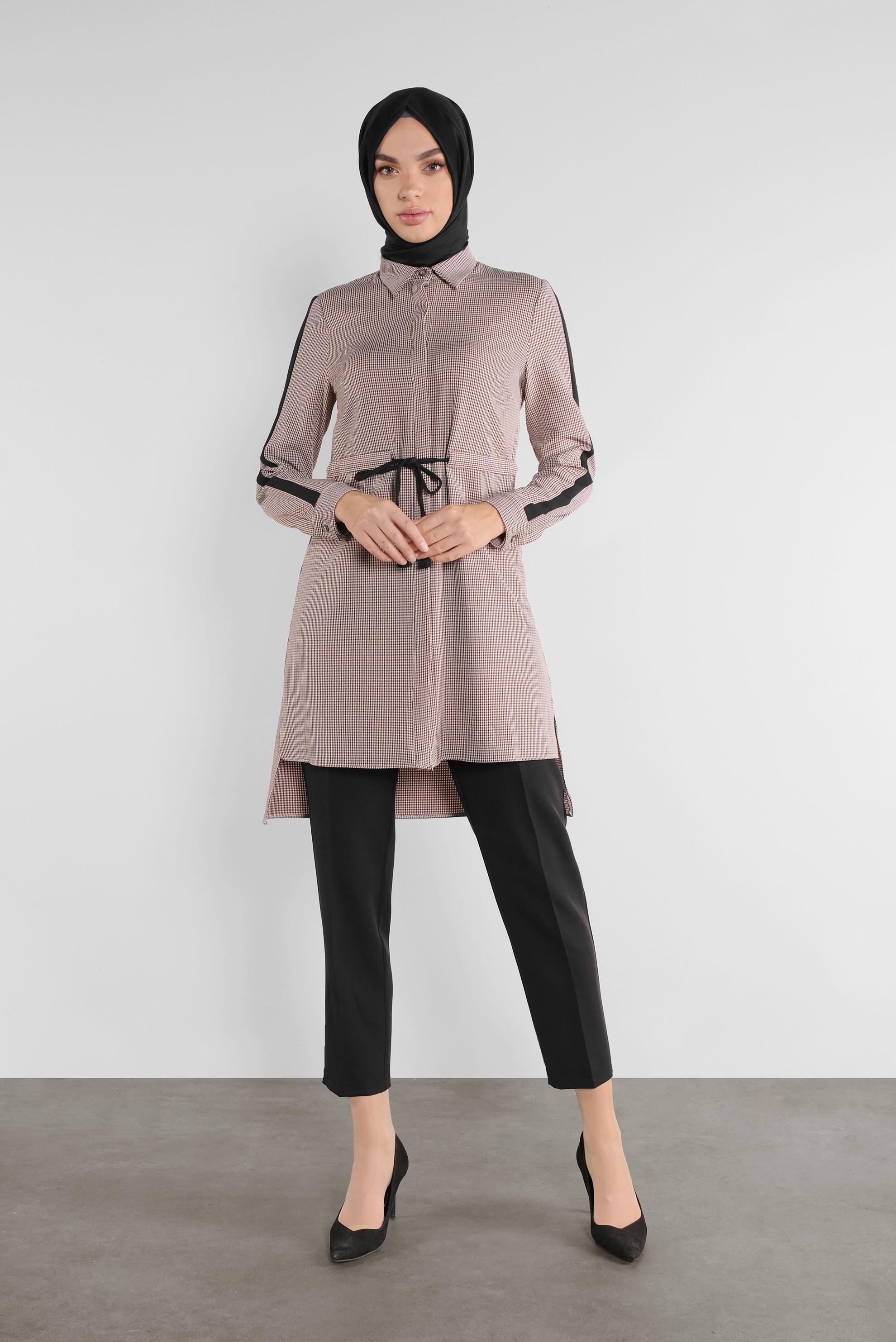 Tesettür giyim KIRMIZI EKOSE DESENLİ  PANTOLONLU TAKIM 41218