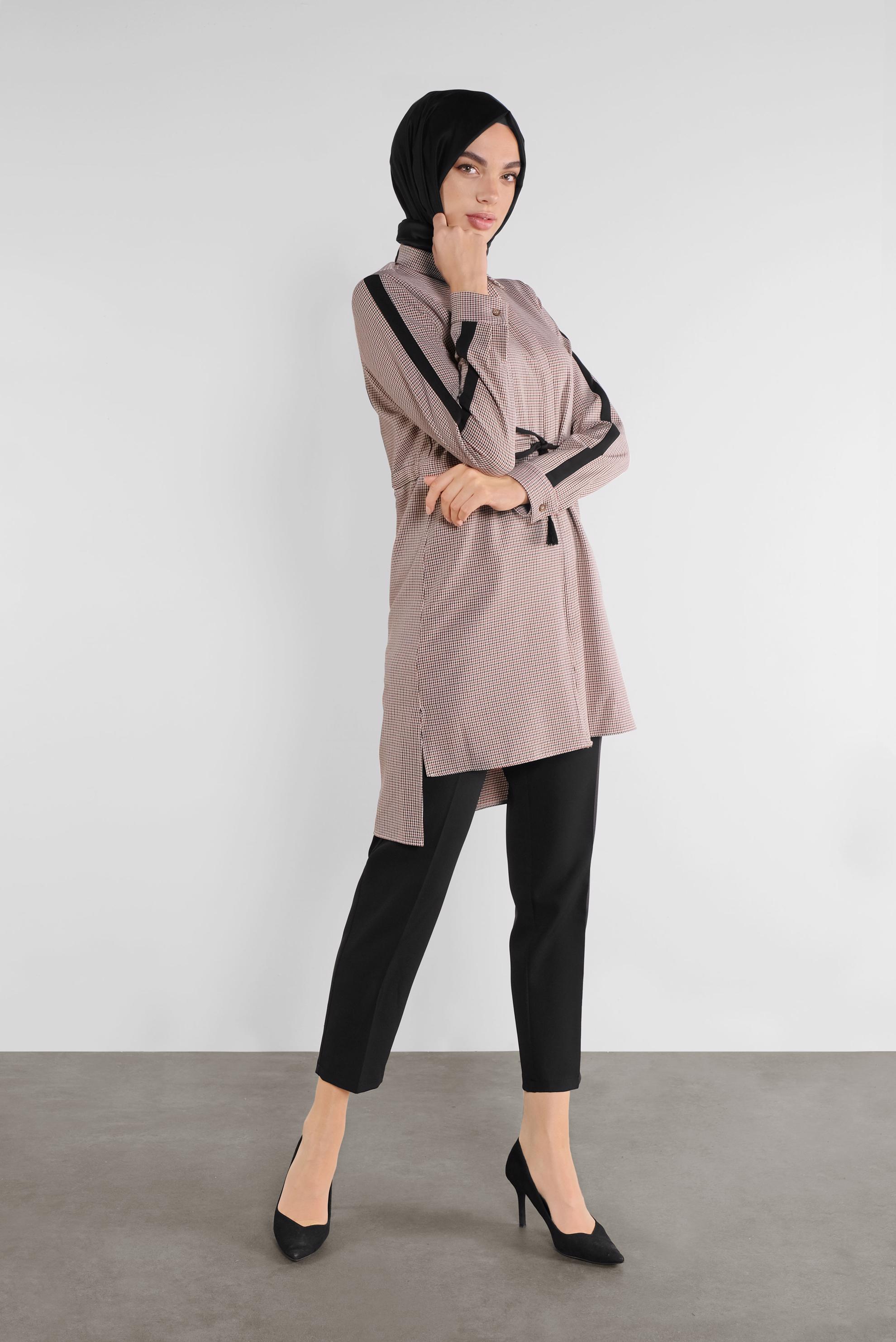 Tesettür giyim KIRMIZI EKOSE DESENLİ  PANTOLONLU TAKIM 41218