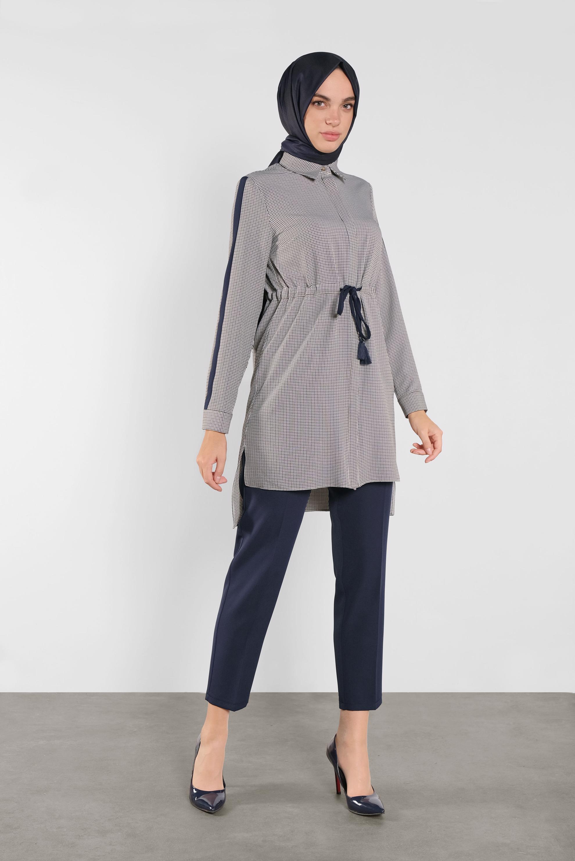 Tesettür giyim MOR EKOSE DESENLİ  PANTOLONLU TAKIM 41218