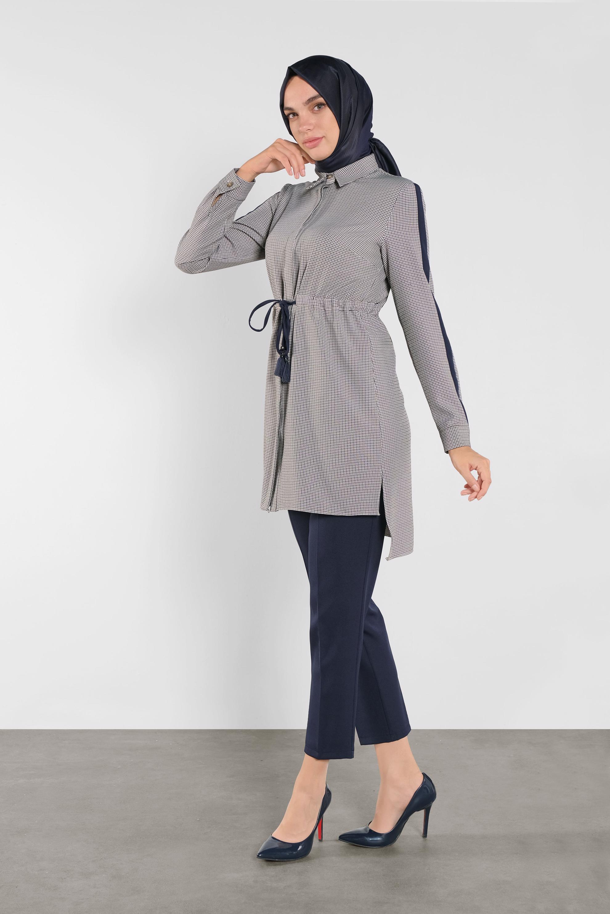 Tesettür giyim MOR EKOSE DESENLİ  PANTOLONLU TAKIM 41218