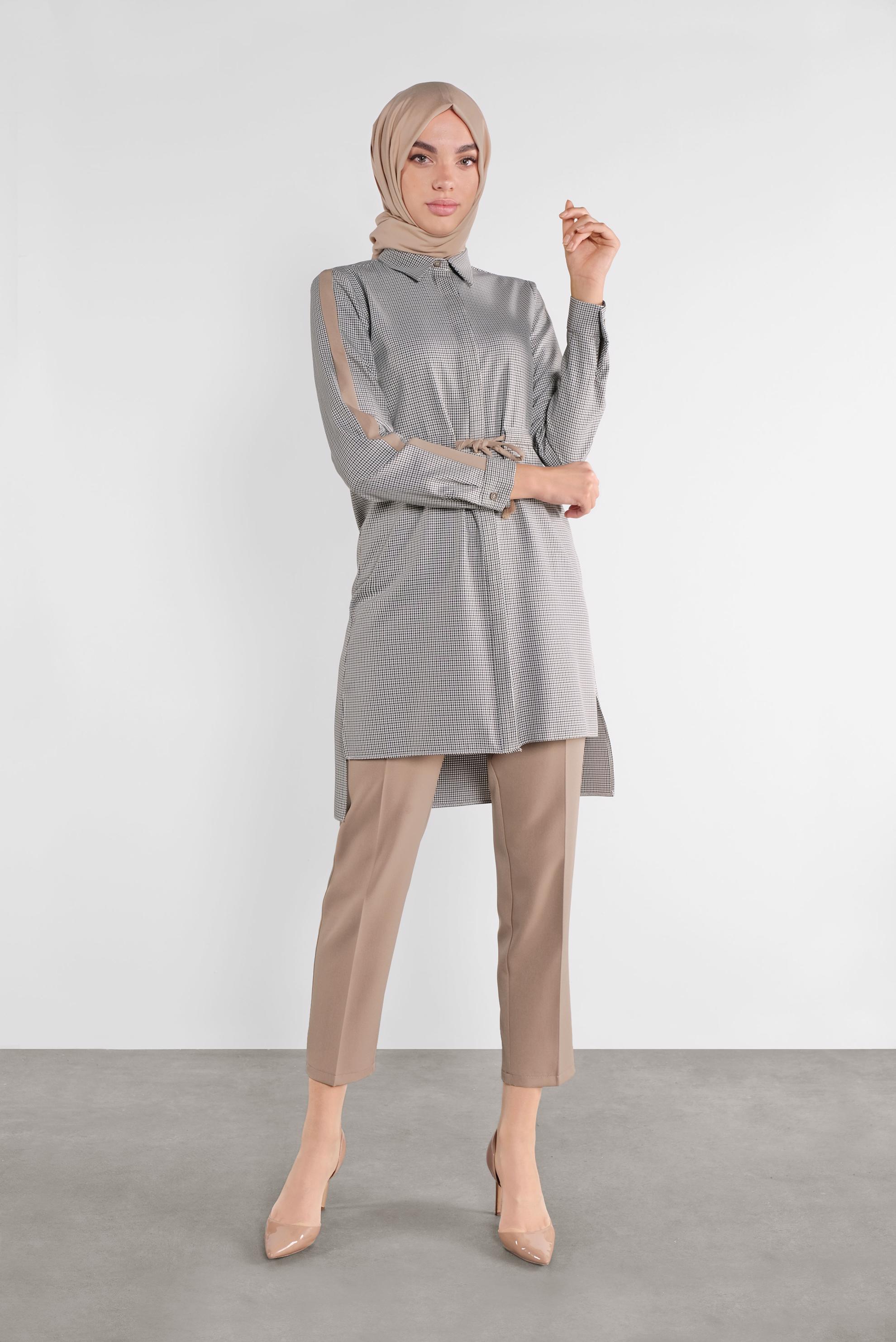 Tesettür giyim GRİ EKOSE DESENLİ  PANTOLONLU TAKIM 41218