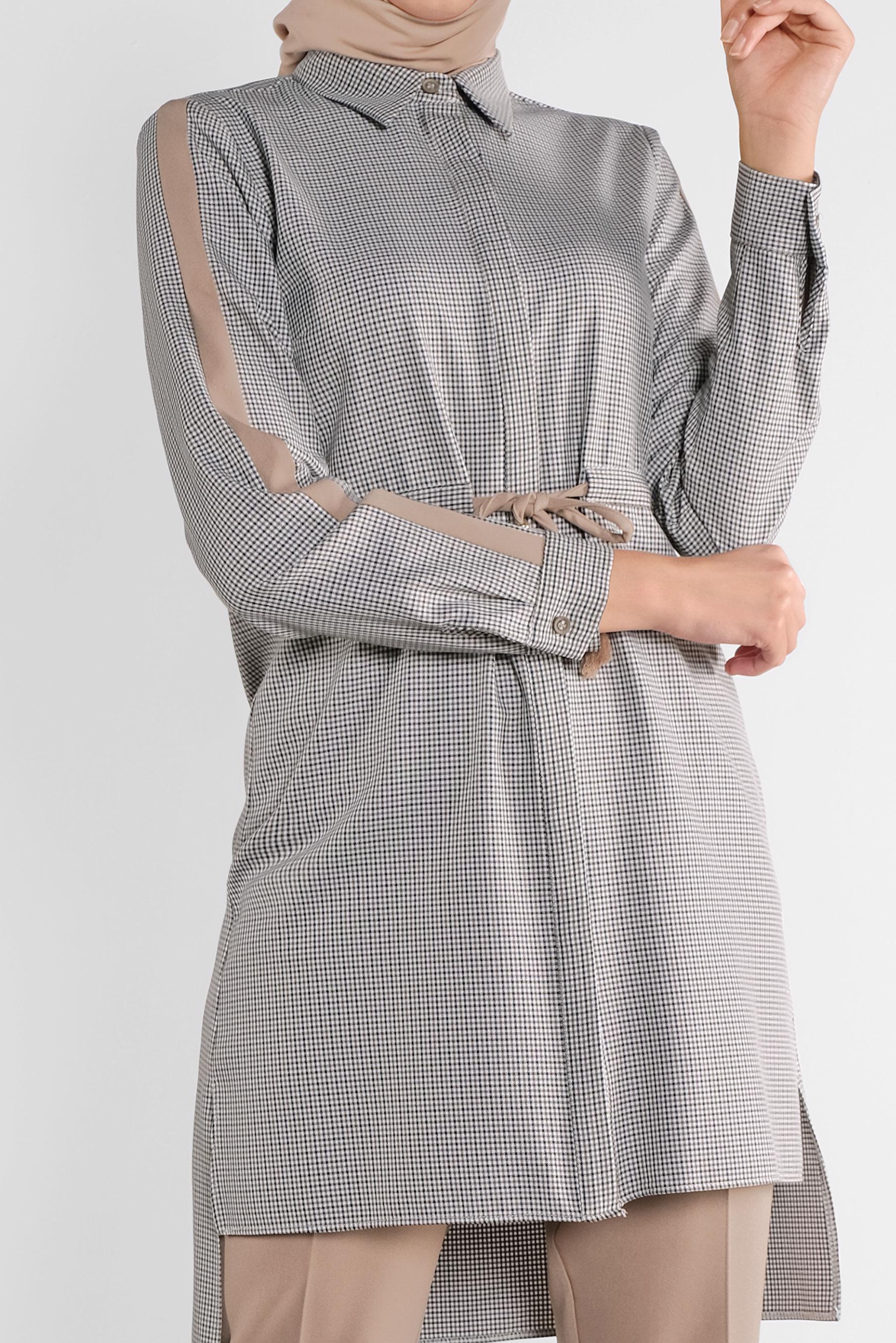 Tesettür giyim GRİ EKOSE DESENLİ  PANTOLONLU TAKIM 41218