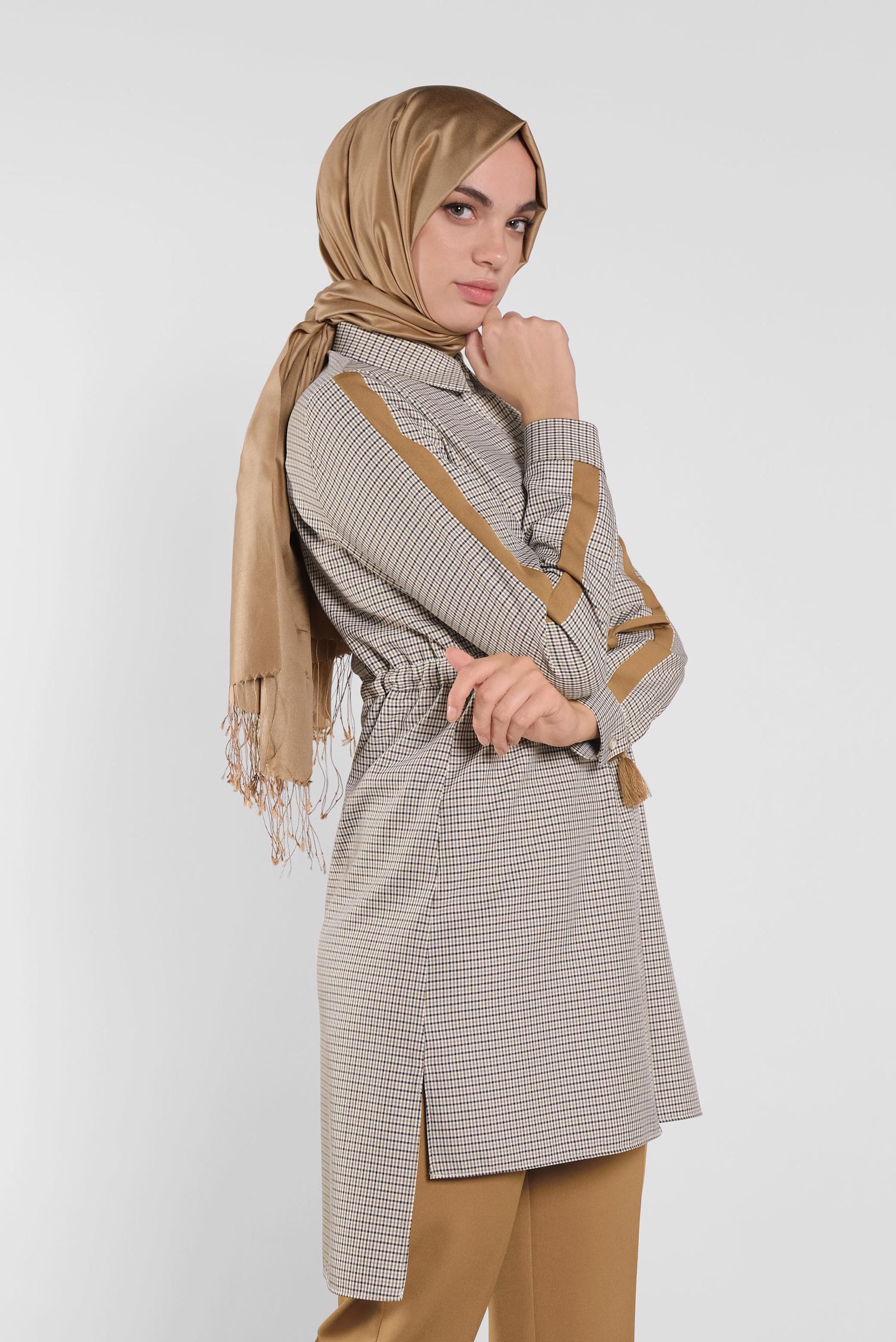 Tesettür giyim KAHVE EKOSE DESENLİ  PANTOLONLU TAKIM 41218