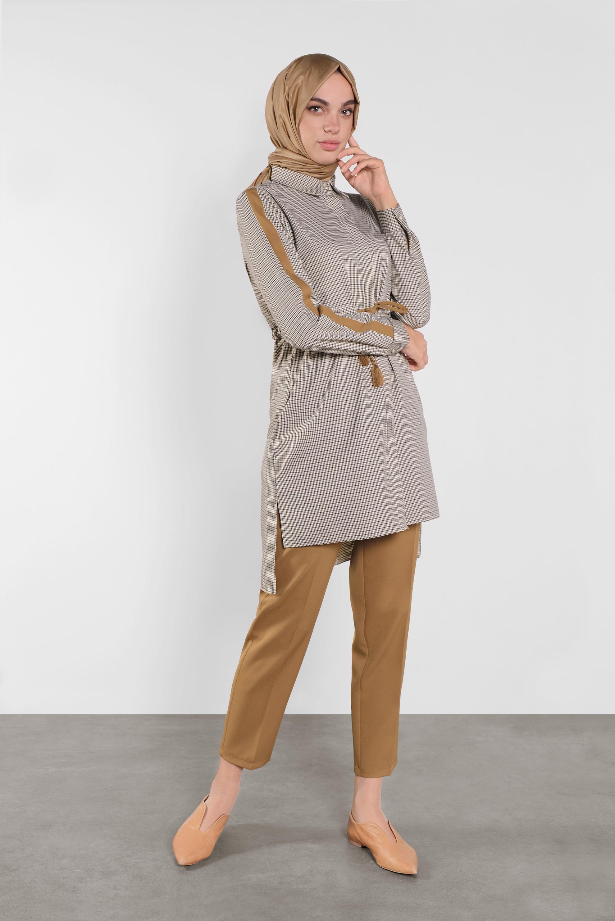 Tesettür giyim KAHVE EKOSE DESENLİ  PANTOLONLU TAKIM 41218