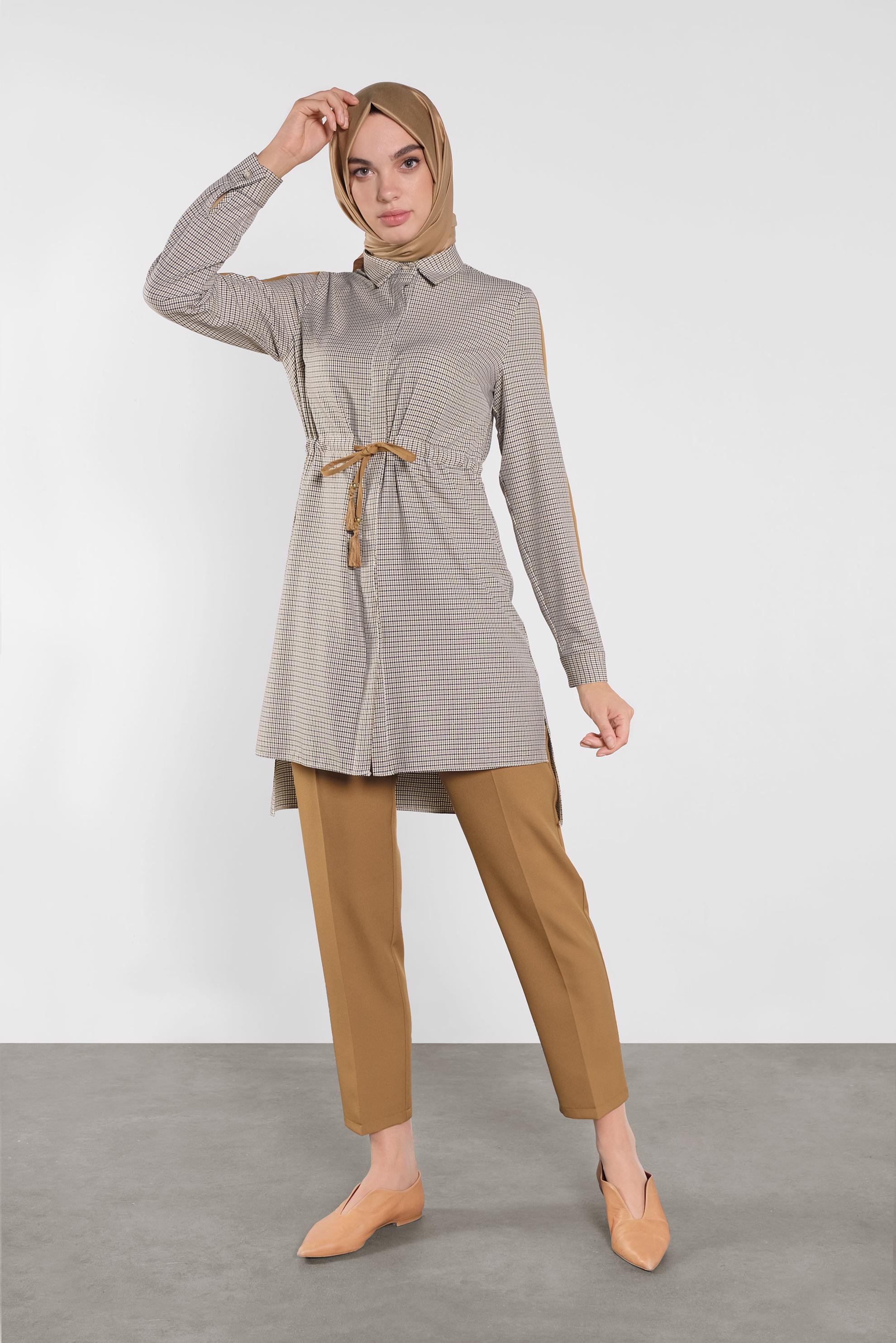 Tesettür giyim KAHVE EKOSE DESENLİ  PANTOLONLU TAKIM 41218