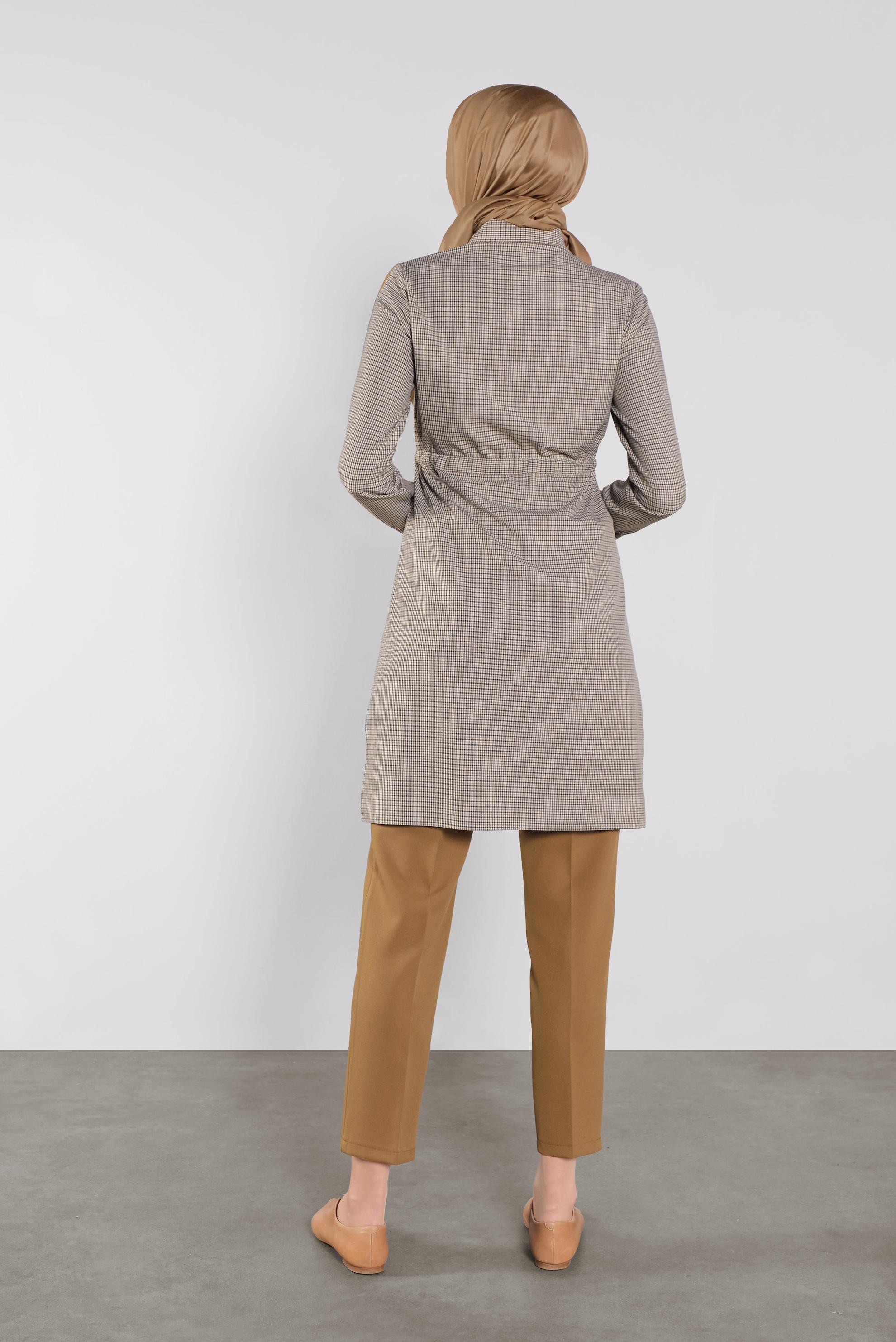 Tesettür giyim KAHVE EKOSE DESENLİ  PANTOLONLU TAKIM 41218