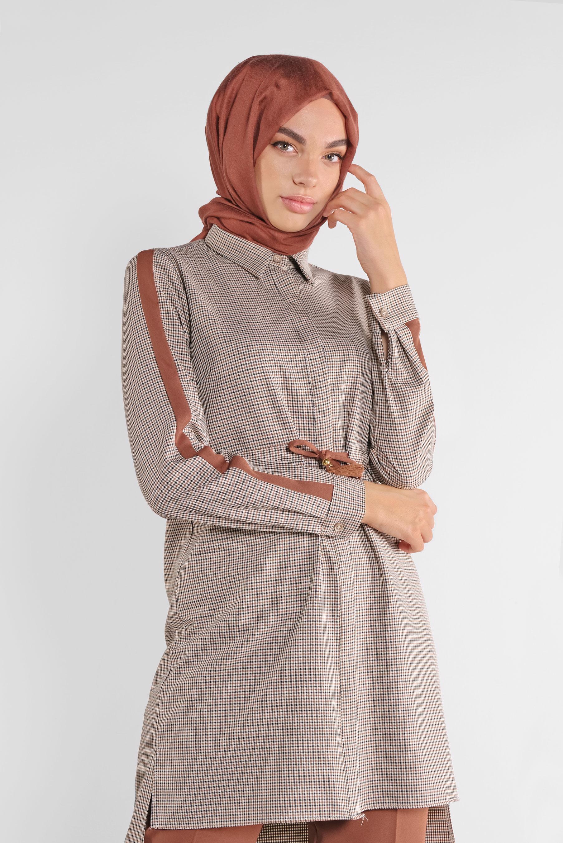 Tesettür giyim TURUNCU EKOSE DESENLİ  PANTOLONLU TAKIM 41218