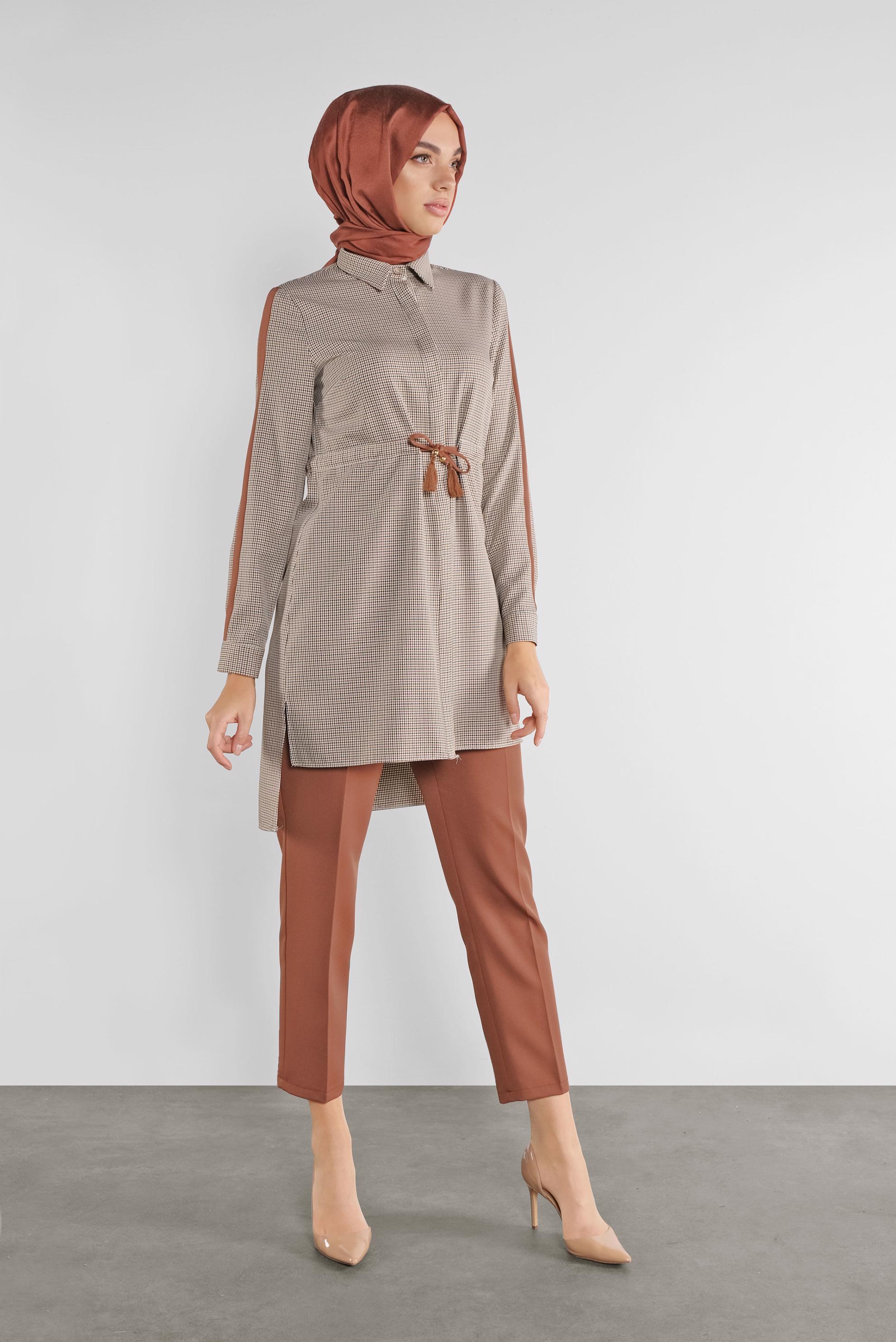 Tesettür giyim TURUNCU EKOSE DESENLİ  PANTOLONLU TAKIM 41218