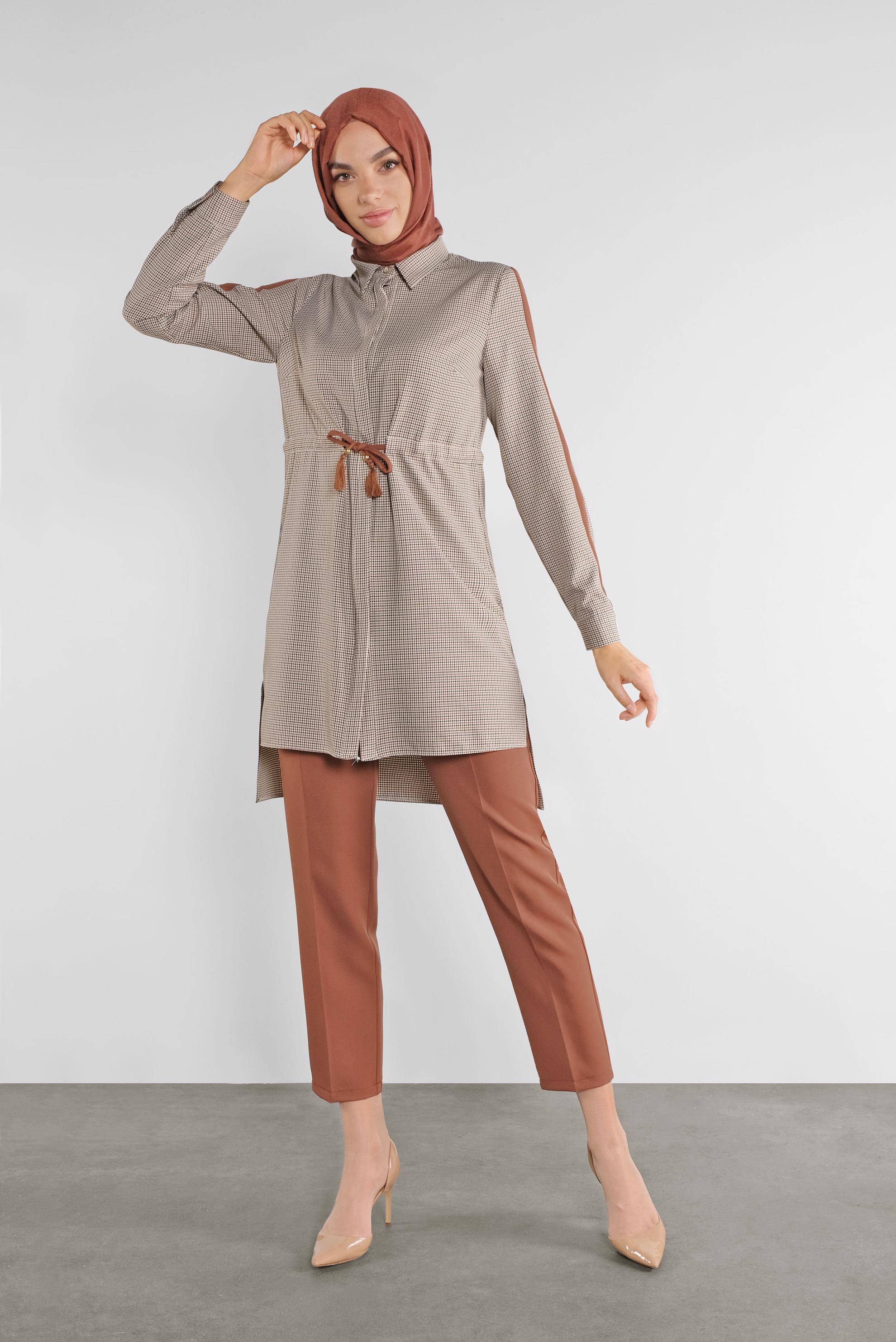 Tesettür giyim TURUNCU EKOSE DESENLİ  PANTOLONLU TAKIM 41218