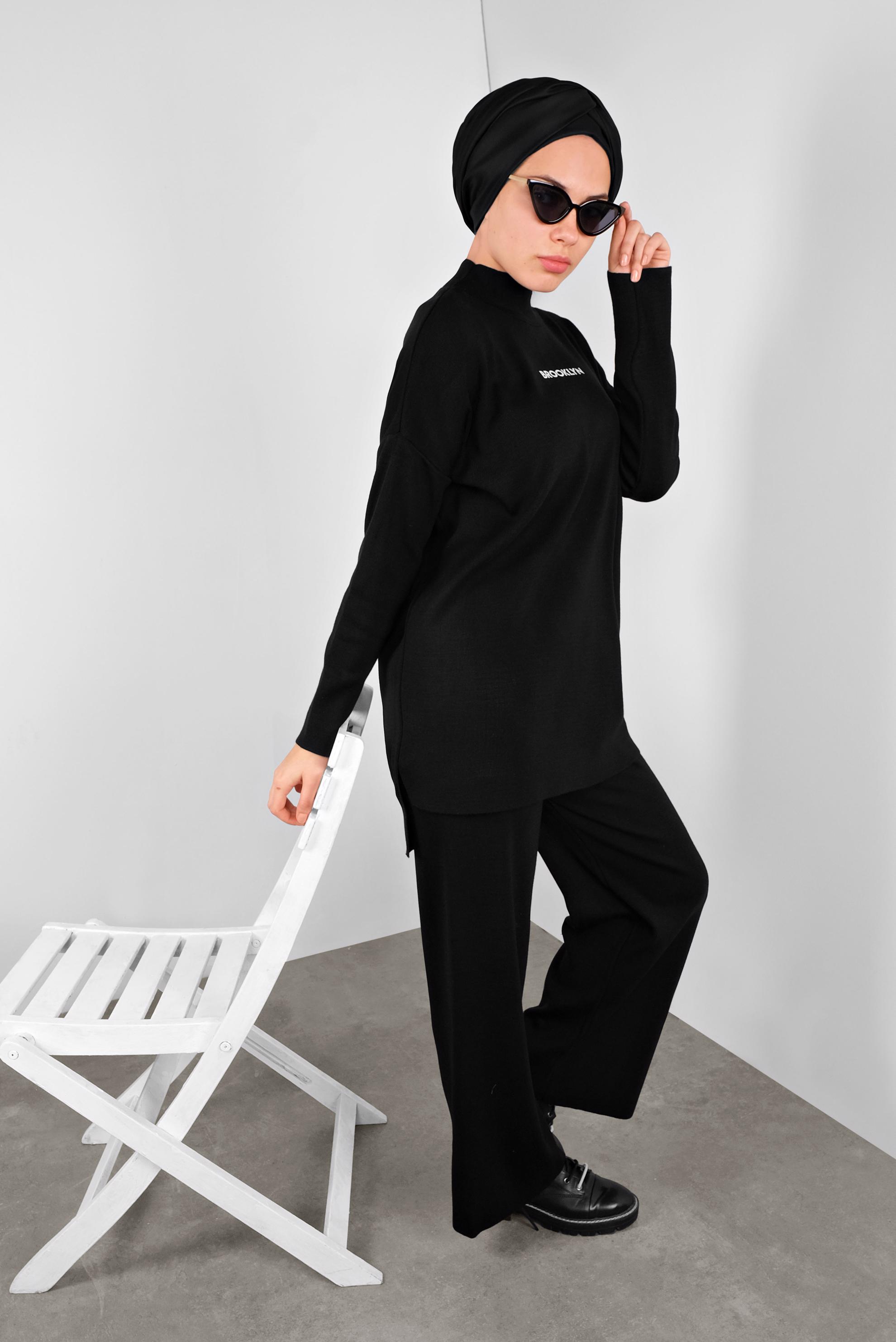 Tesettür giyim SİYAH TRİKO PANTOLONLU TAKIM 41325