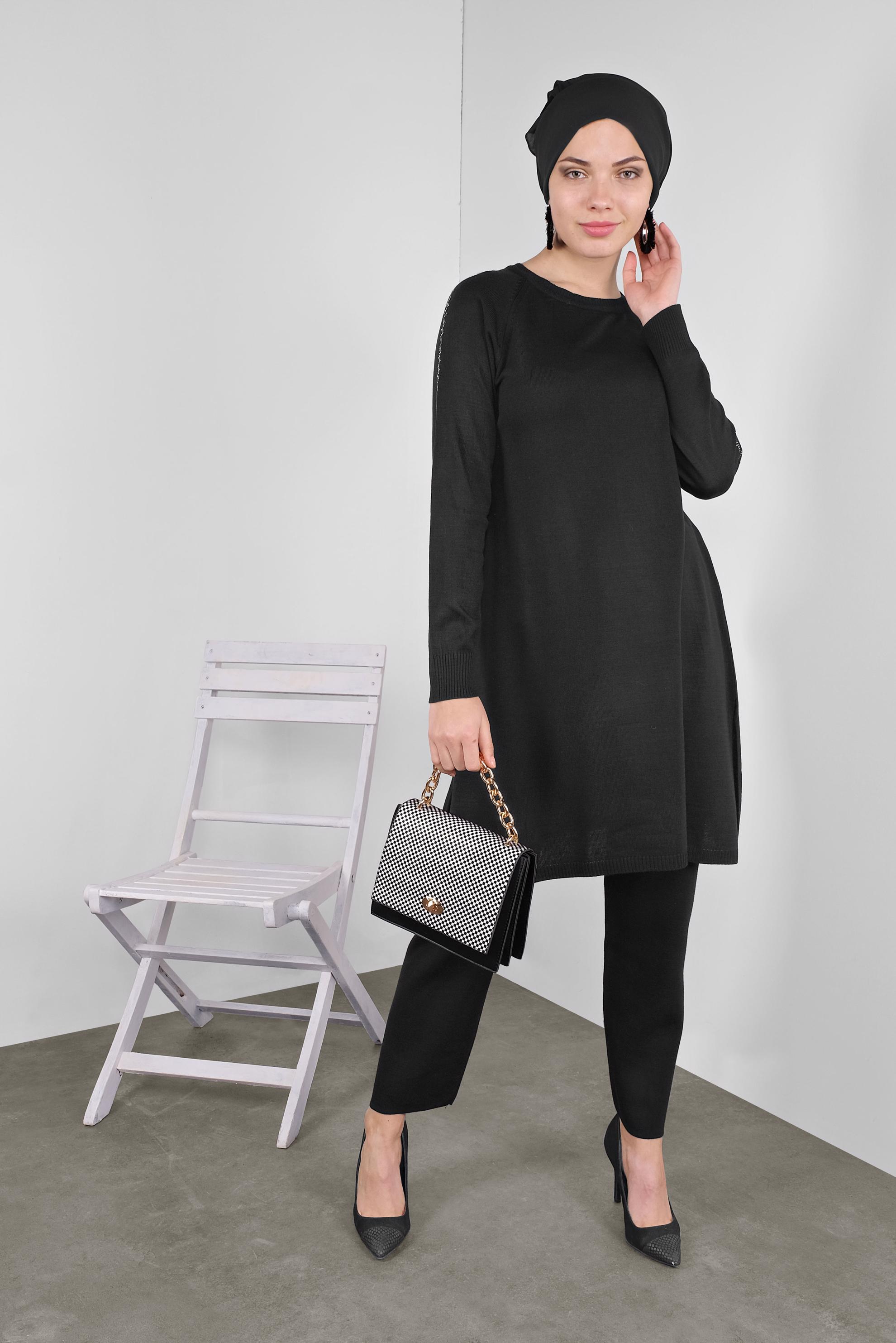 Tesettür giyim SİYAH TRİKO PANTOLONLU TAKIM 41326