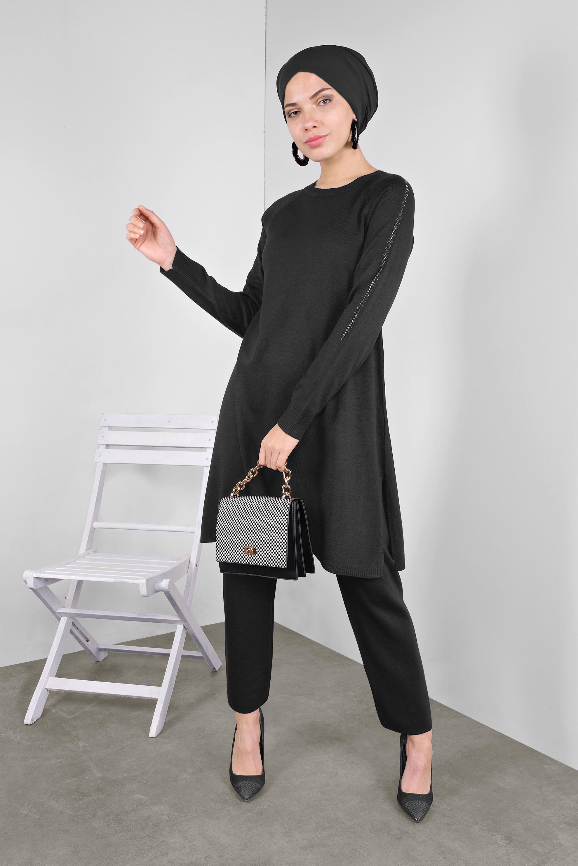 Tesettür giyim SİYAH TRİKO PANTOLONLU TAKIM 41326