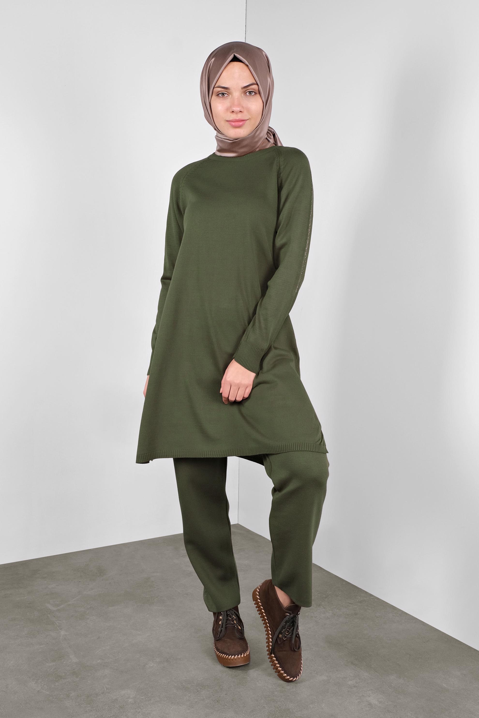 Tesettür giyim HAKİ TRİKO PANTOLONLU TAKIM 41326